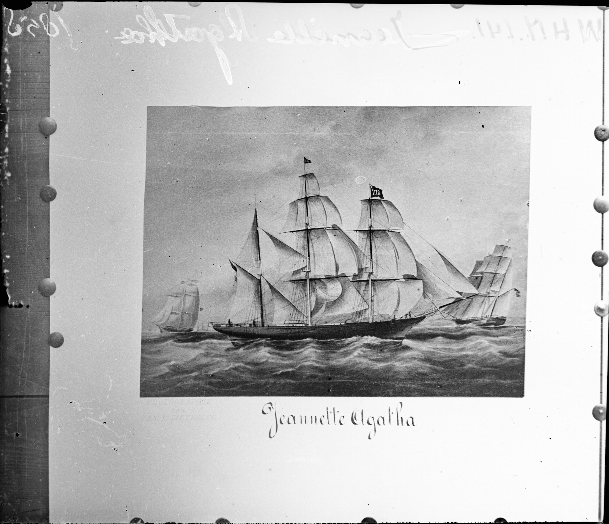 S.1156(06)107b; Reproductienegatief van een tekening gemaakt door J. Spin van het barkschip "Jeanette Agatha"; negatief