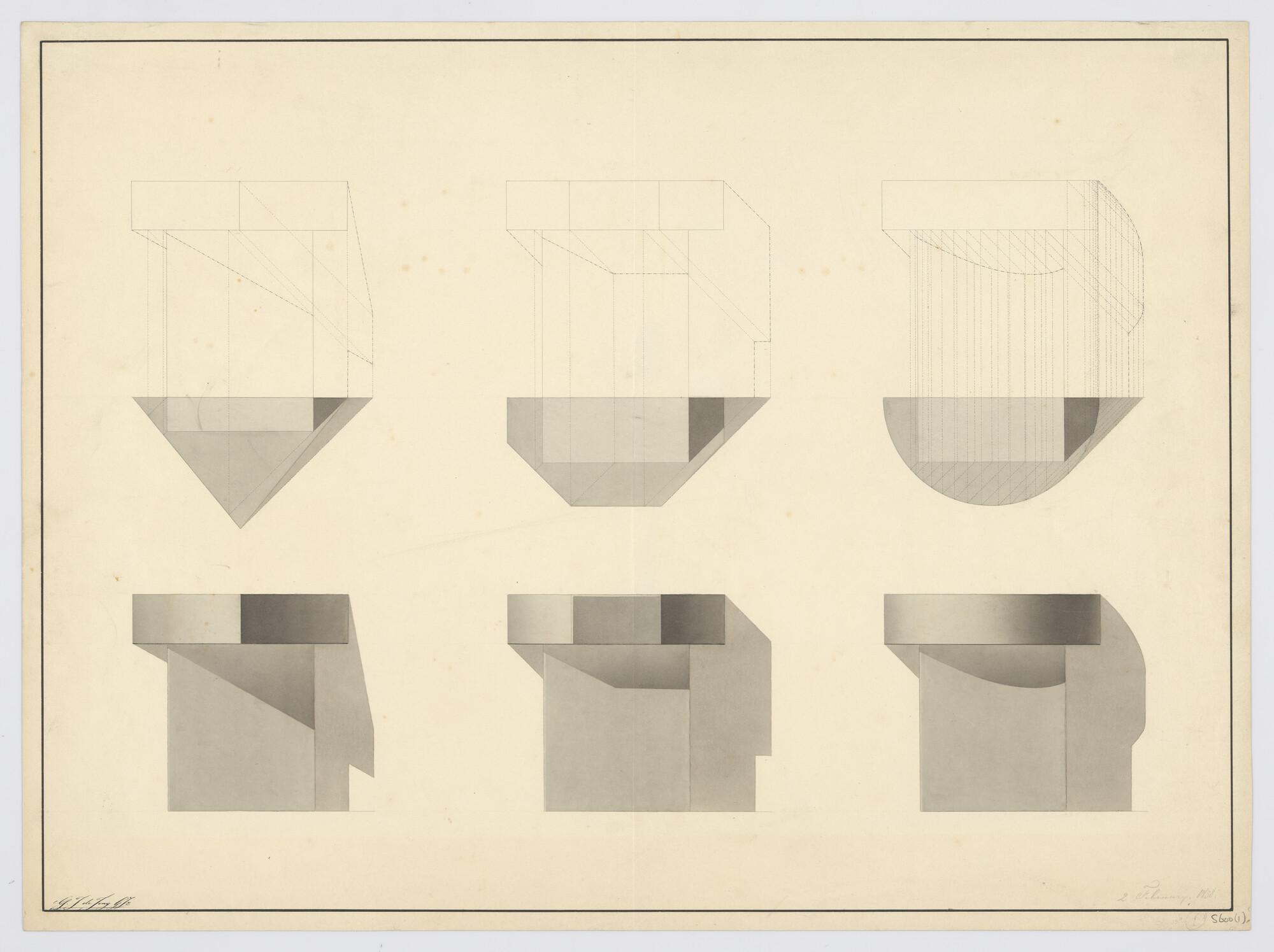 S.0600(01)144; perspectieftekening van een houtverbinding; technische tekening