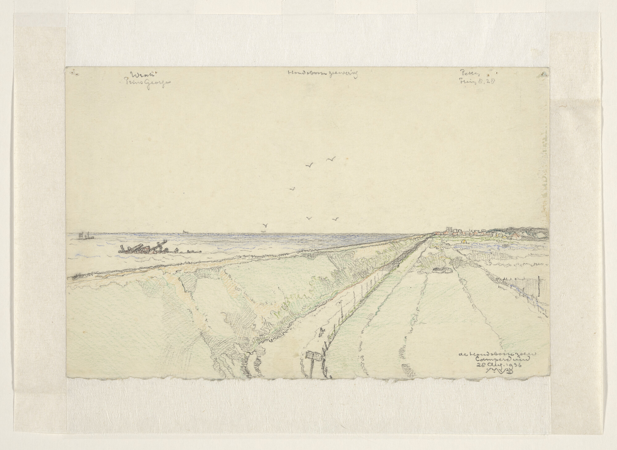 S.4364(11); Het wrak van de Britse kruiser HMS Prince George op het strand bij Kamperduin; tekening