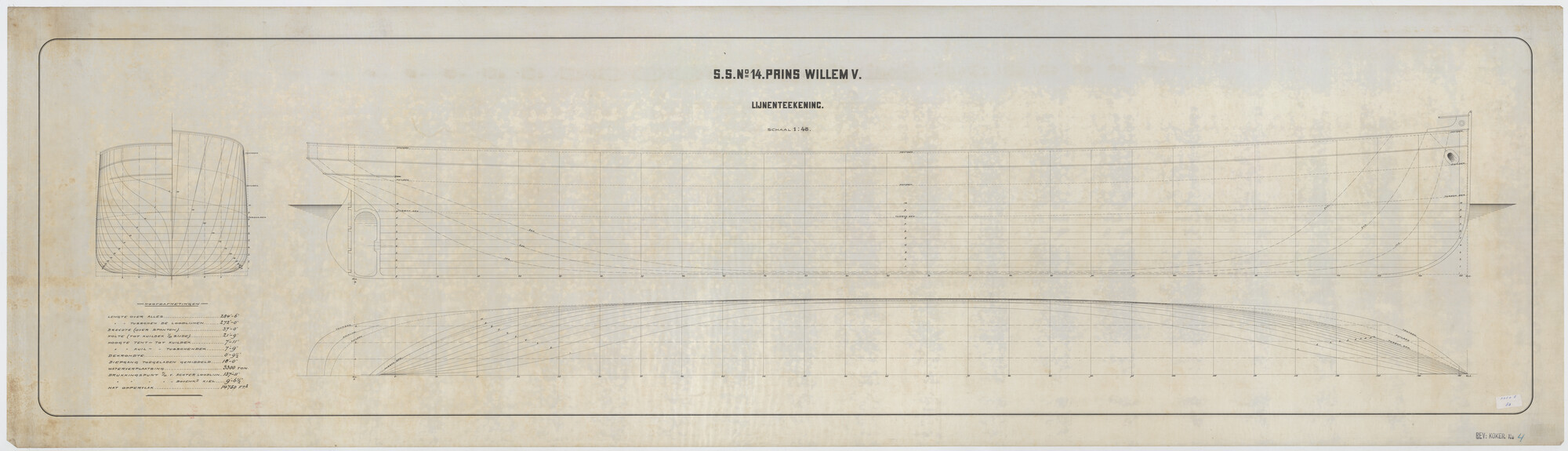S.5444(008.03); Lijnentekening van het passagiersschip ss. Prins Willem V voor de KWIM; technische tekening