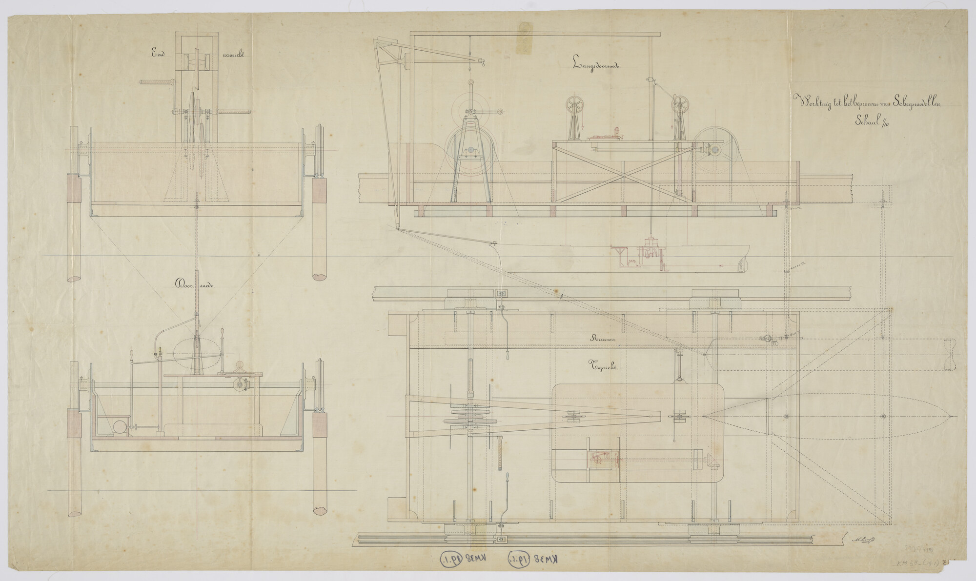 S.2175(4915); Doorsneden en aanzichten van een werktuig tot het beproeven van scheepsmodellen; technische tekening