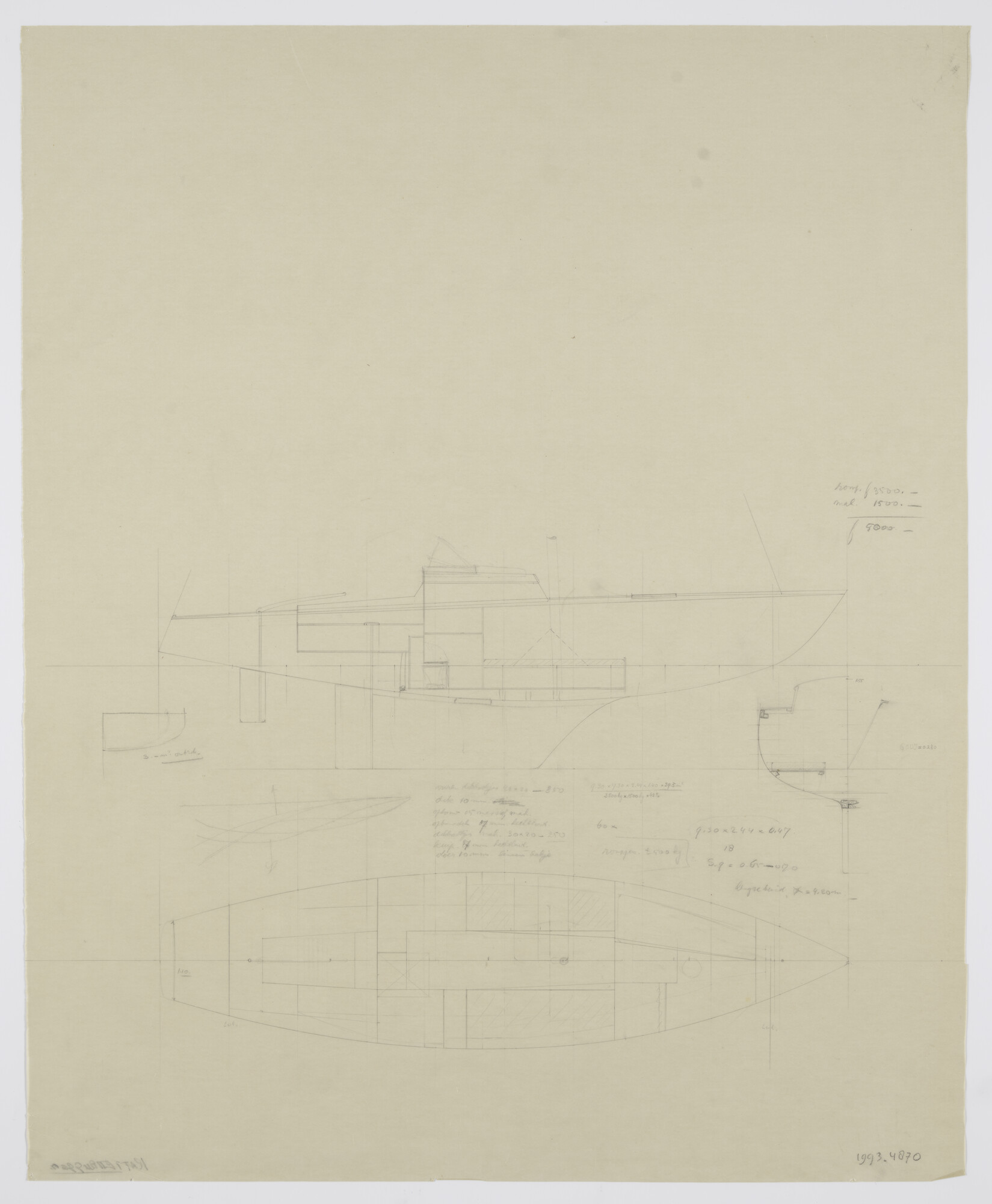 1993.4870; Schets interieurplan van wedstrijdzeiljacht R.O.R.C; technische tekening