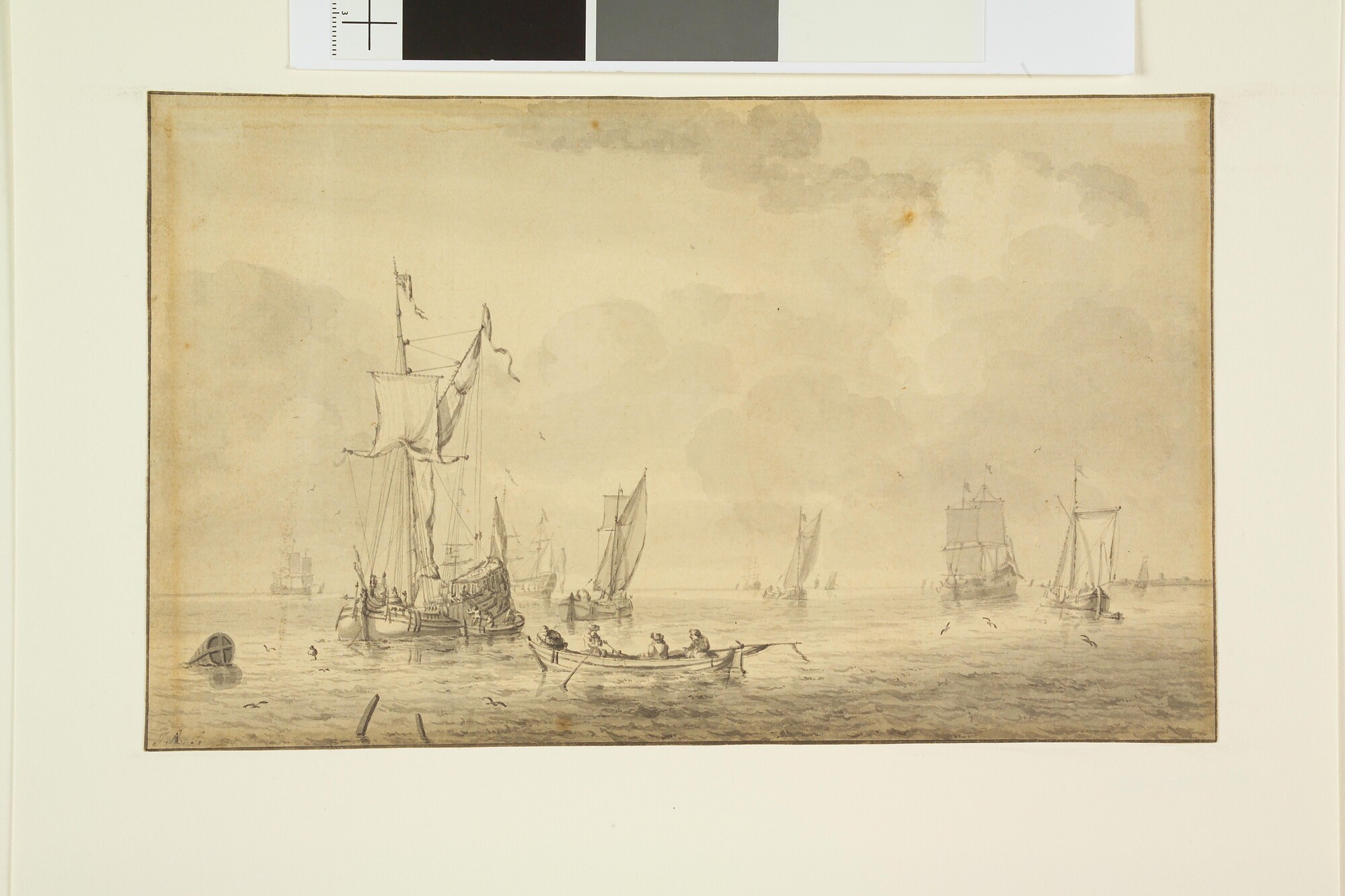 A.0145(188) [nr 0003]; Spiegelpaviljoenjacht en andere schepen op een rede; tekening