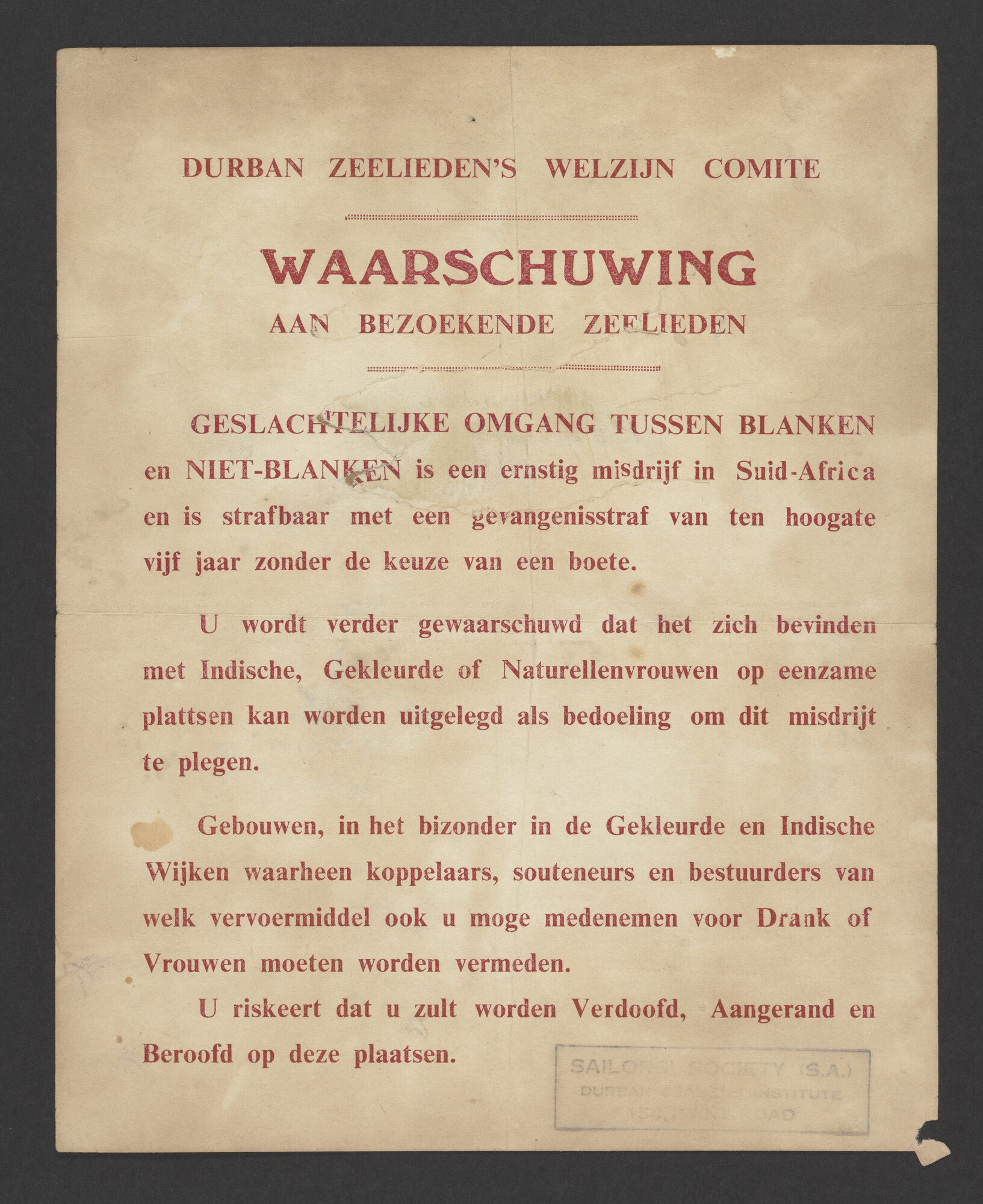 1997.4882; Pamflet van het Durban Zeelieden's Welzijn Comité; pamflet