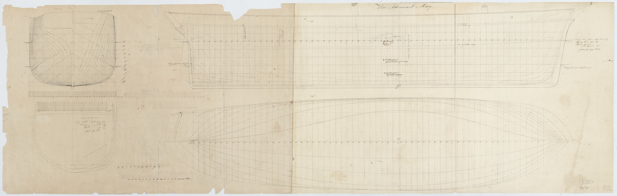 S.0027(018); Lijnenplan van het barkschip 'Vice Admiraal May'; technische tekening