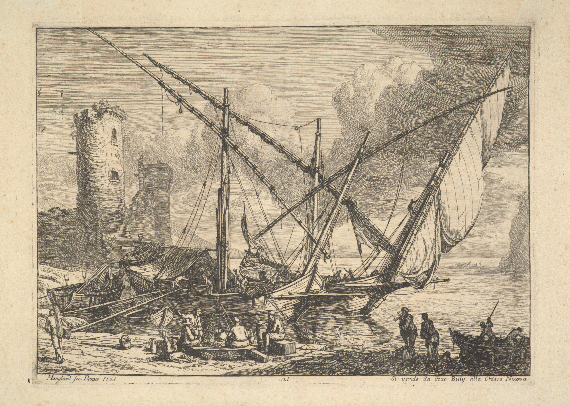 A.1116; Kustgezicht aan de Middellandse Zee, met twee chebeques en links een vesting; prent