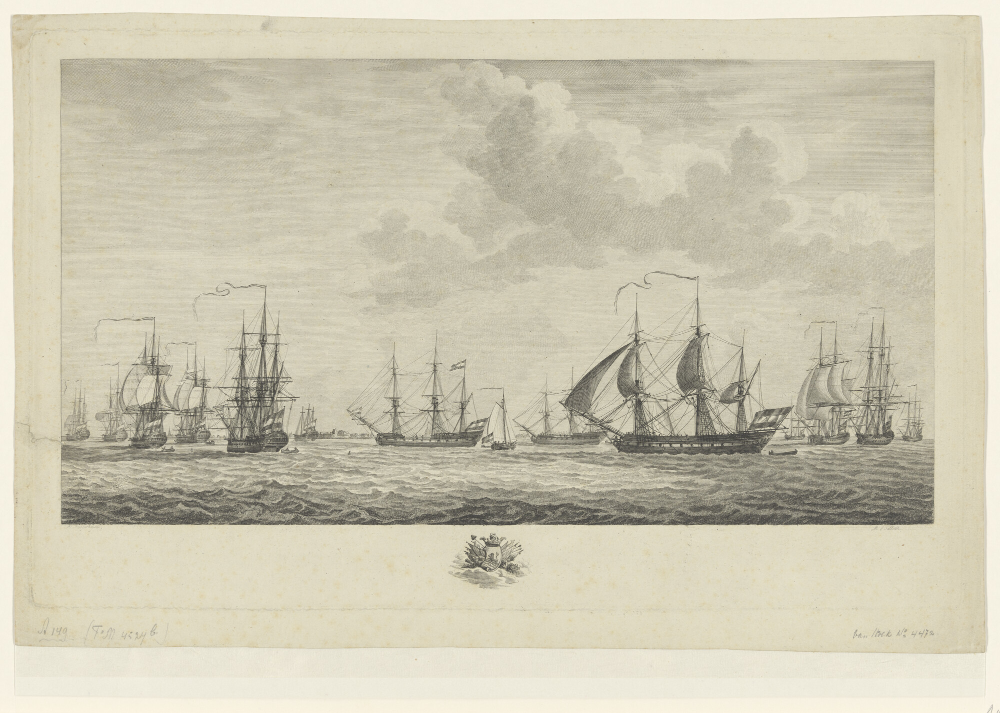 A.0149(0843); Gezicht van 's lands schepen van oorlog onder het commando van Schout-bij-Nacht van Kruyne; prent