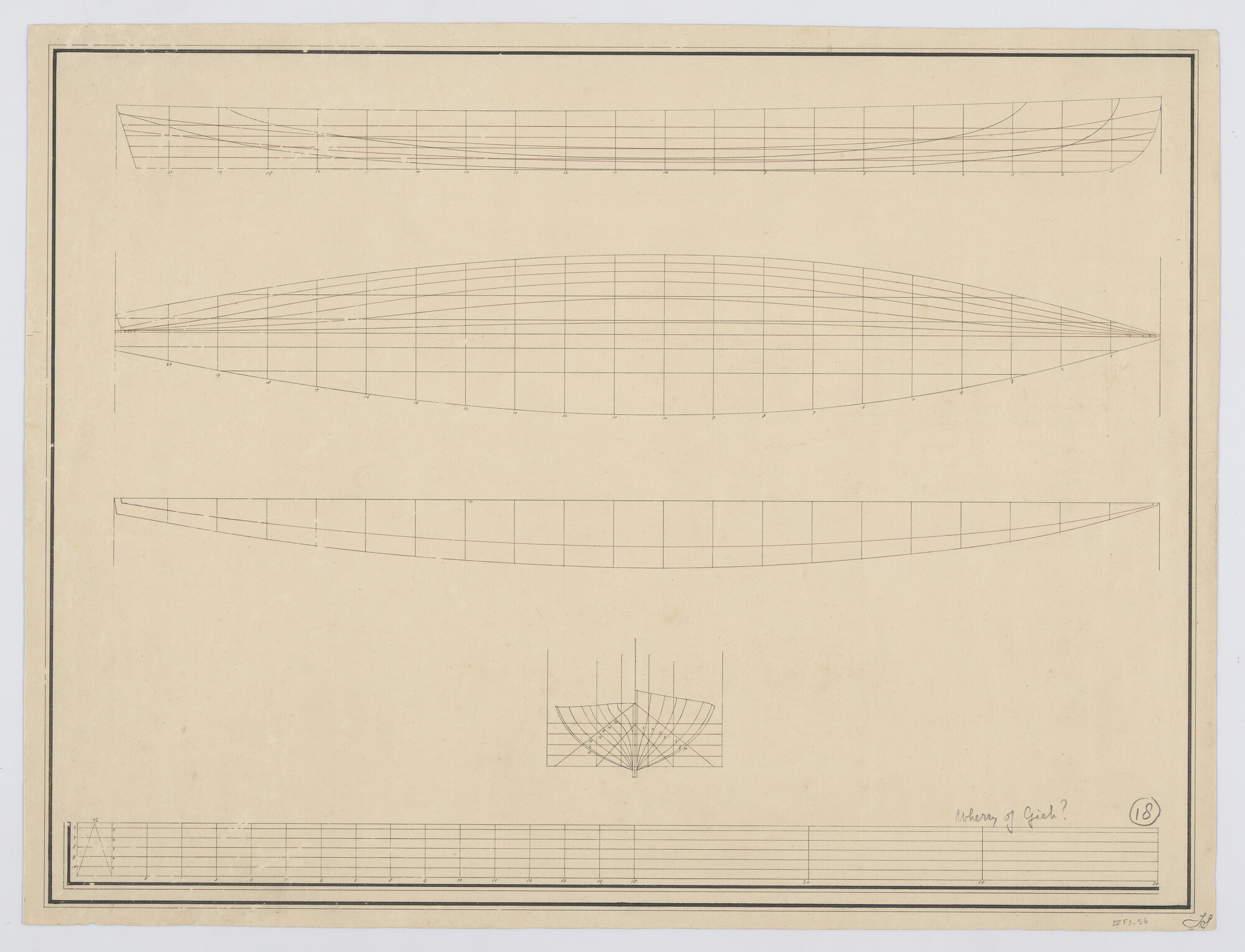 S.1225(03)14; Lijnentekening van een wherry of giek; technische tekening