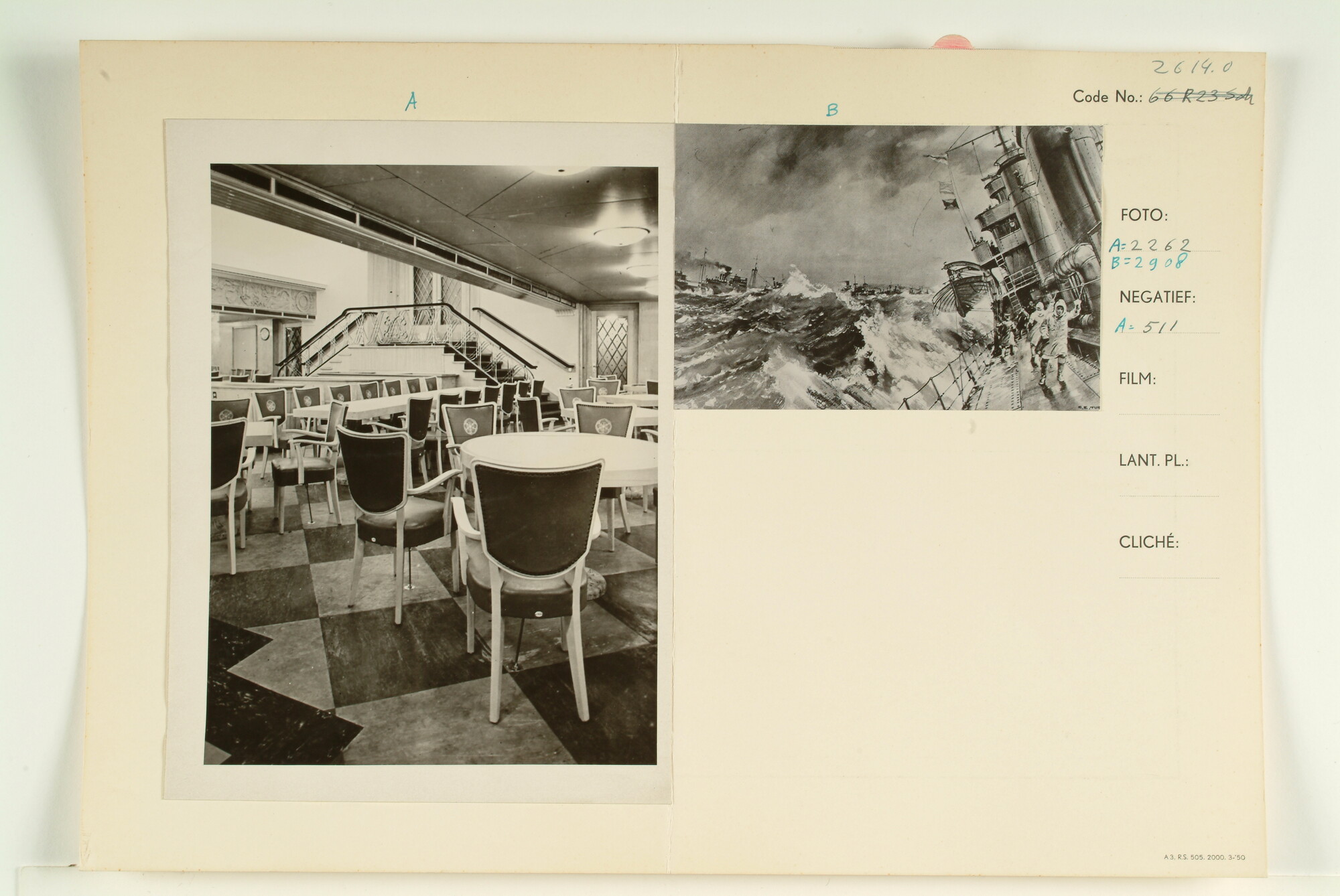 1995.1866; Interieurfoto: deel van de eetzaal eerste klasse boord van ms. 'Orion'; foto