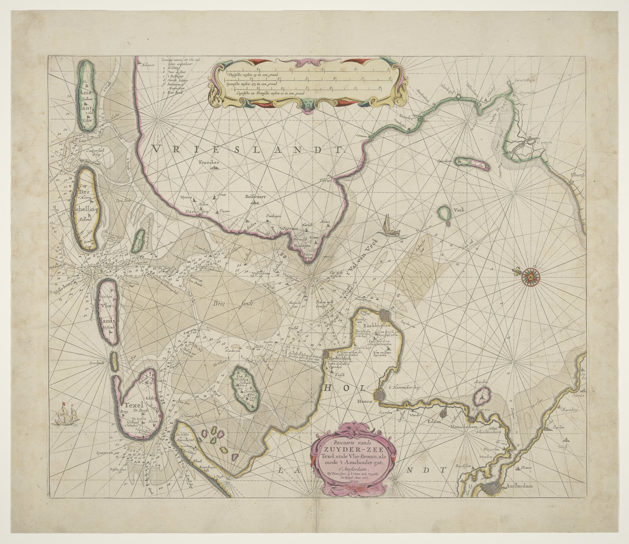 A.3845(01)078; Met de hand gekleurde kaart van de Zuiderzee; zeekaart