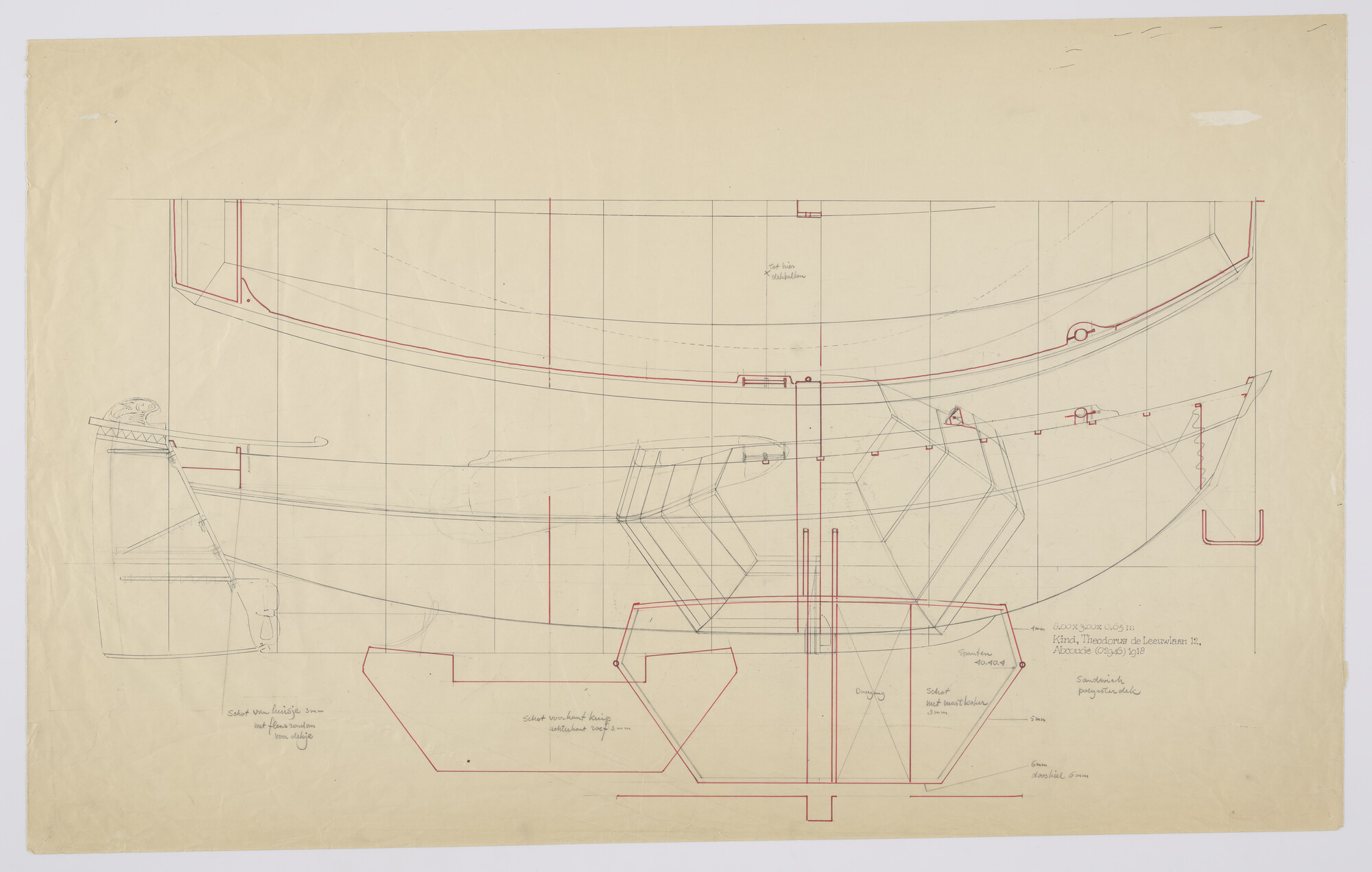 2012.0489; Constructieplan van een zeeschouw van 8.00 m; technische tekening