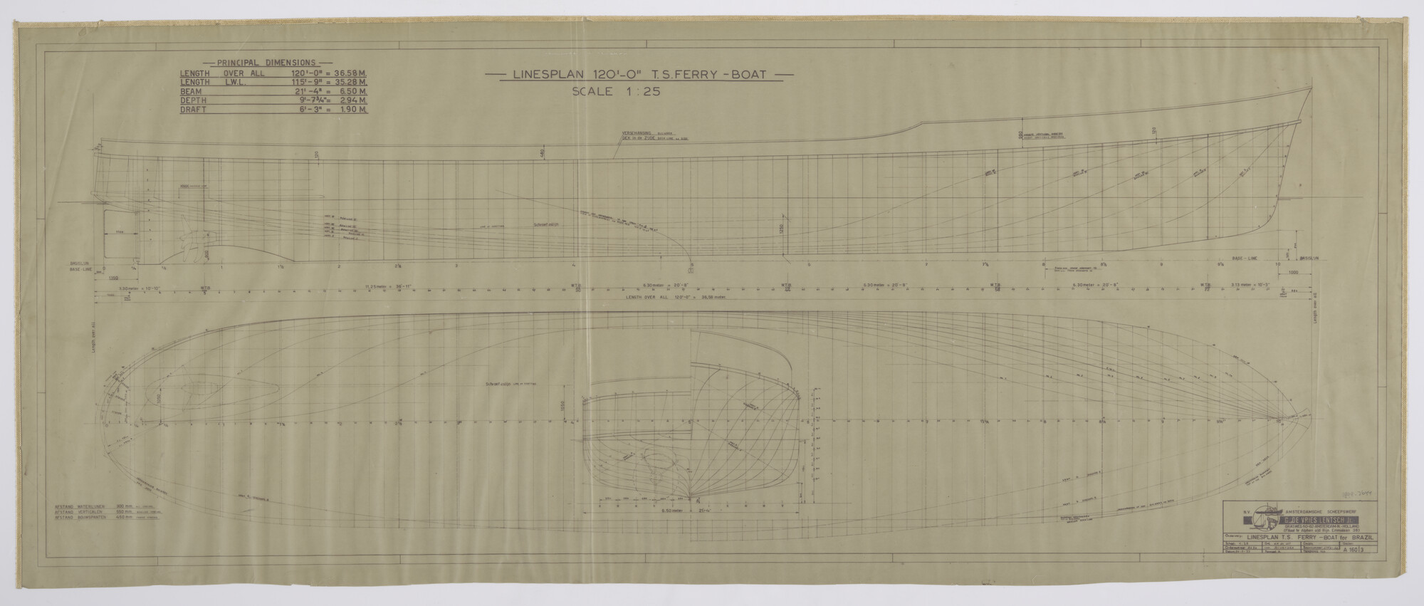 1999.2644; Lijnenplan van een veerboot voor Brazilië; technische tekening