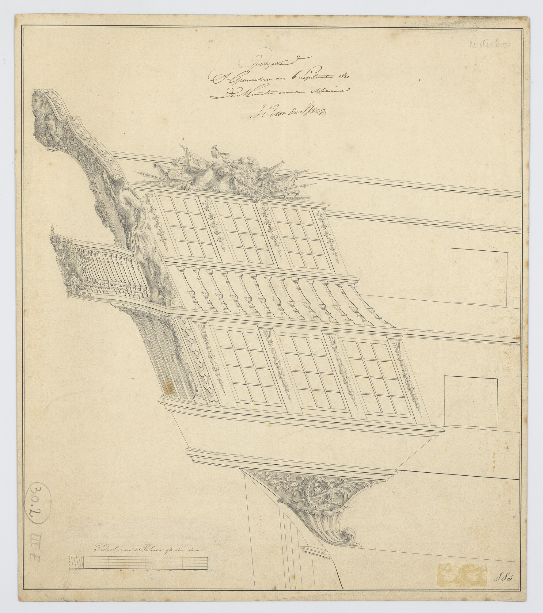S.1214(0244); Zijgalerij van een schip; technische tekening