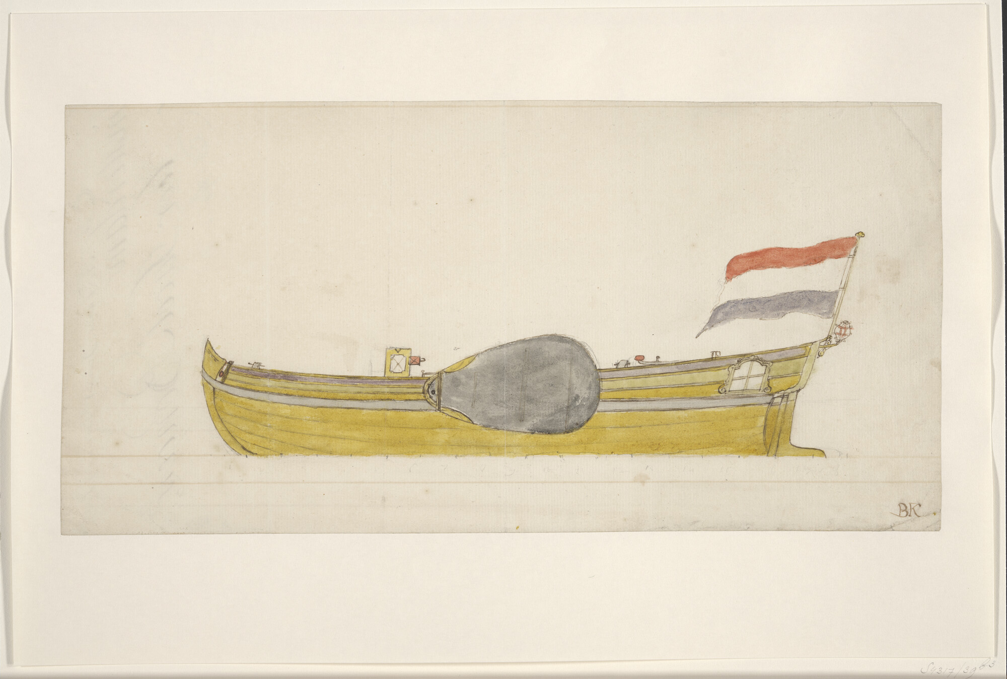 S.4317(39)b3; Een spiegelpaviljoenjacht; tekening