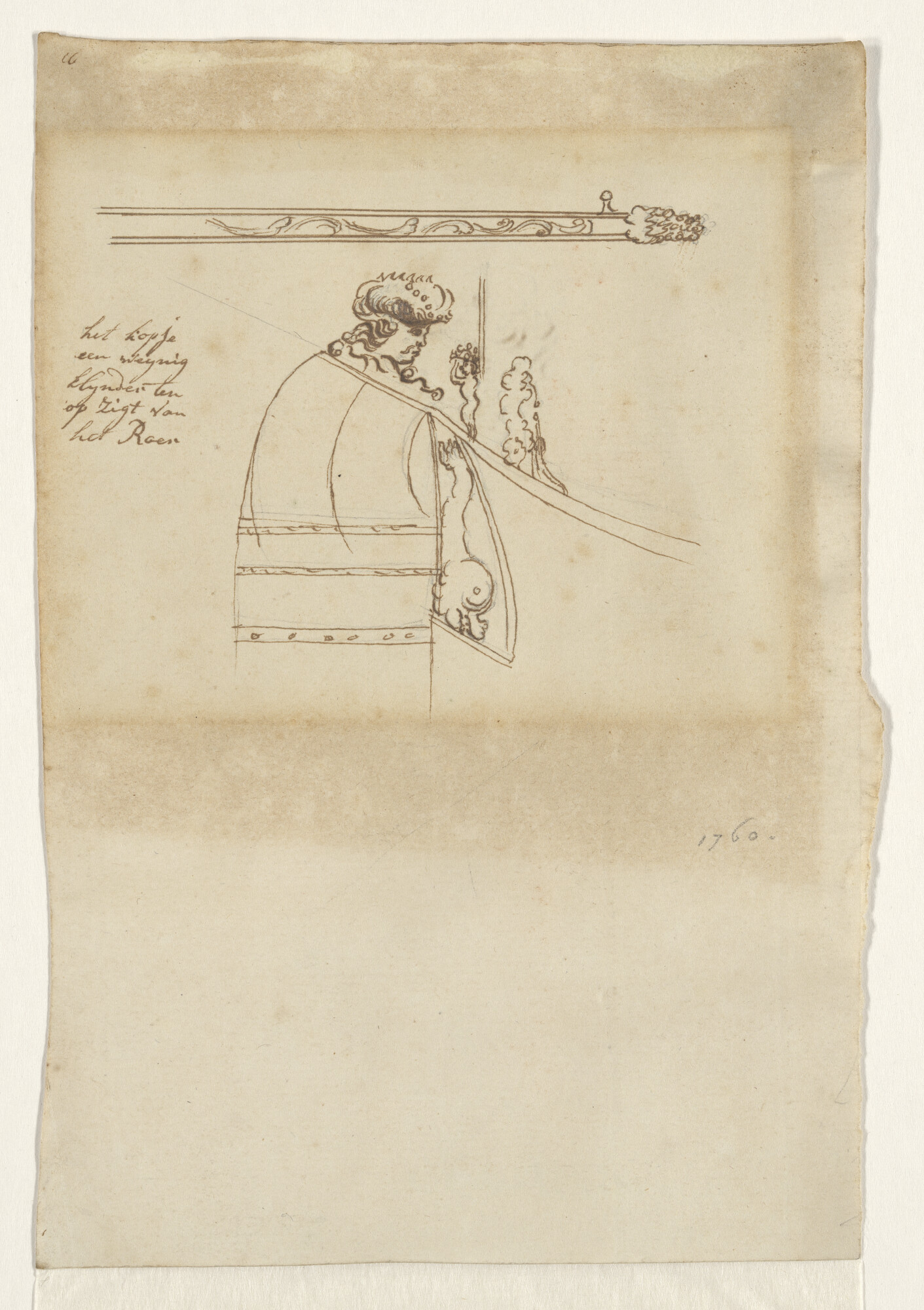 A.0149(0406); Tekening van een roerkop en een helmstok; tekening