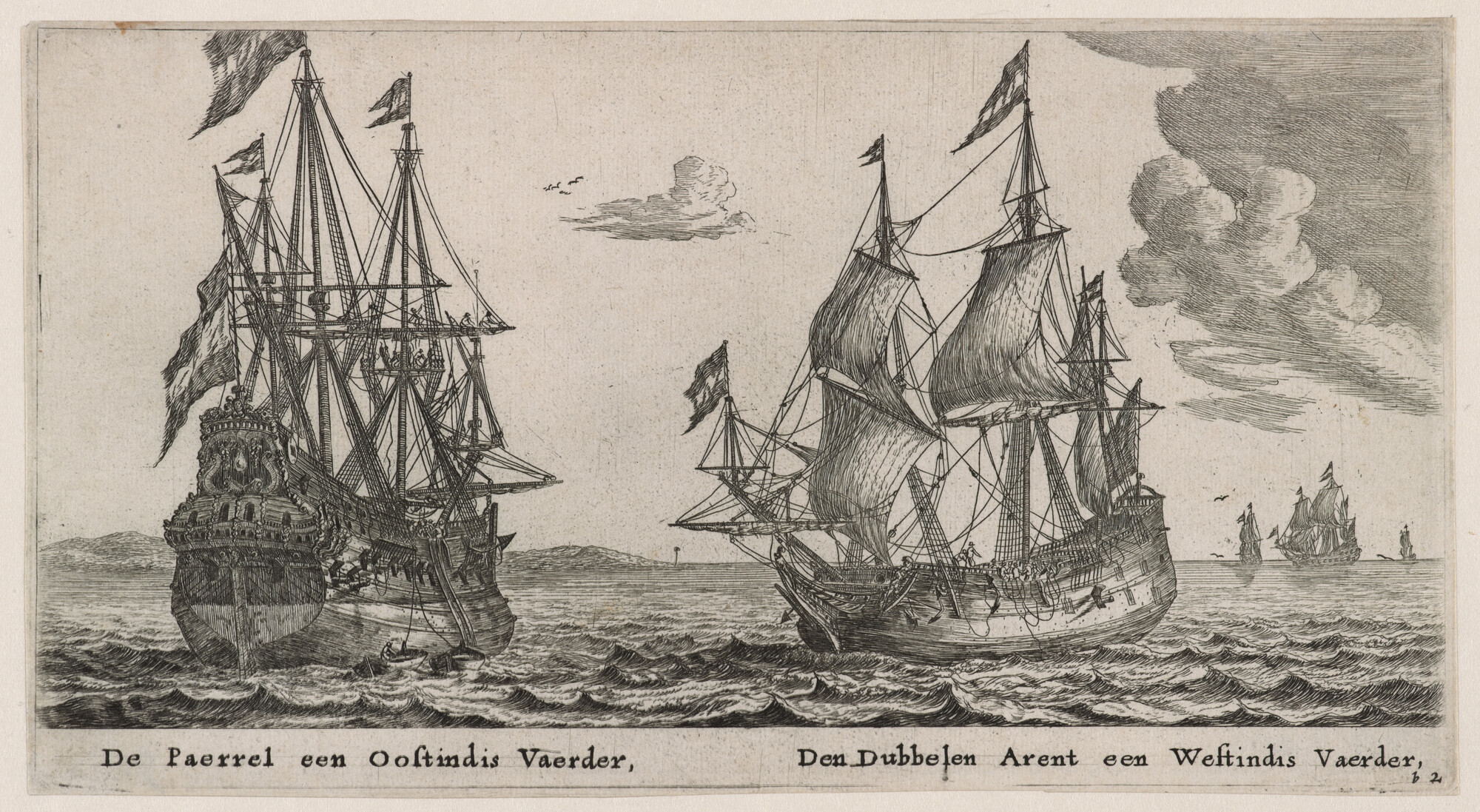 A.0149(0277); Het retourschip 'Parel' en de Westindiëvaarder 'Dubbele Arend'; prent