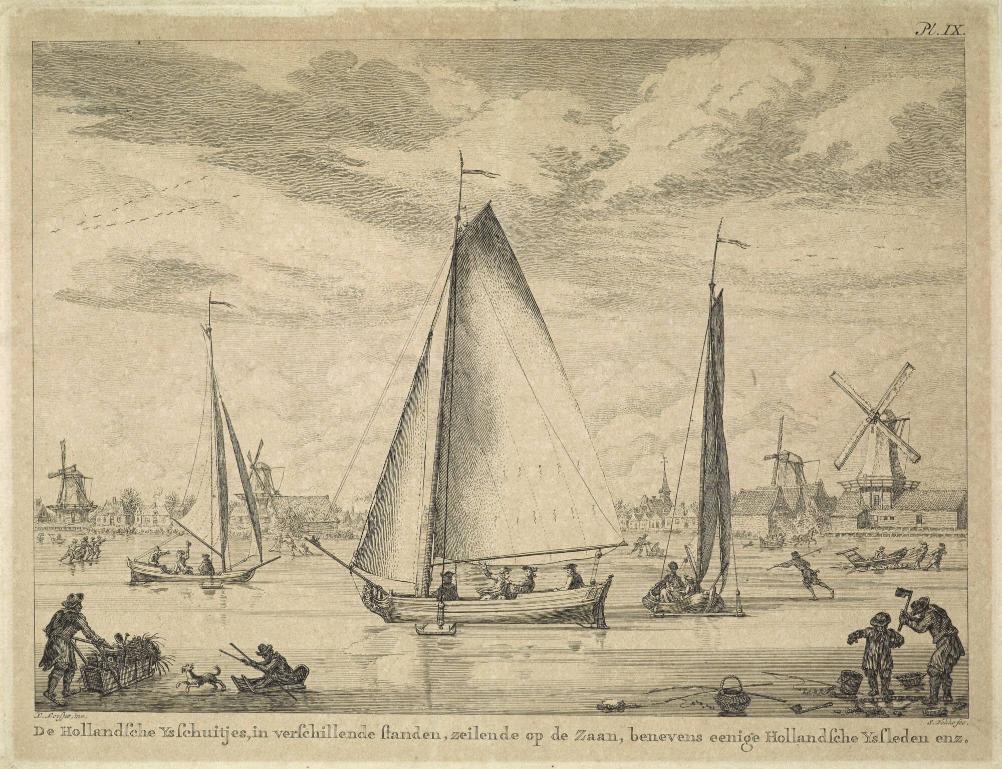 A.0149(0831); De Hollandsche ijsschuitjes op de Zaan, benevens enige Hollandsche sleden; prent