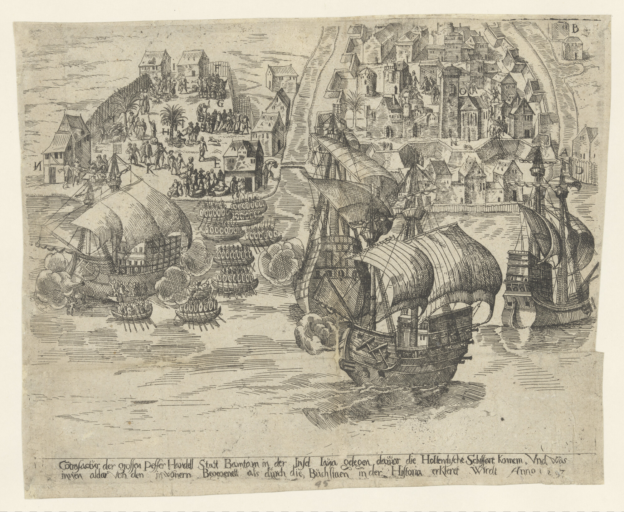 A.0856(01); De stad Bantam op het eiland Java, belangrijk voor zijn peperhandel in die; prent