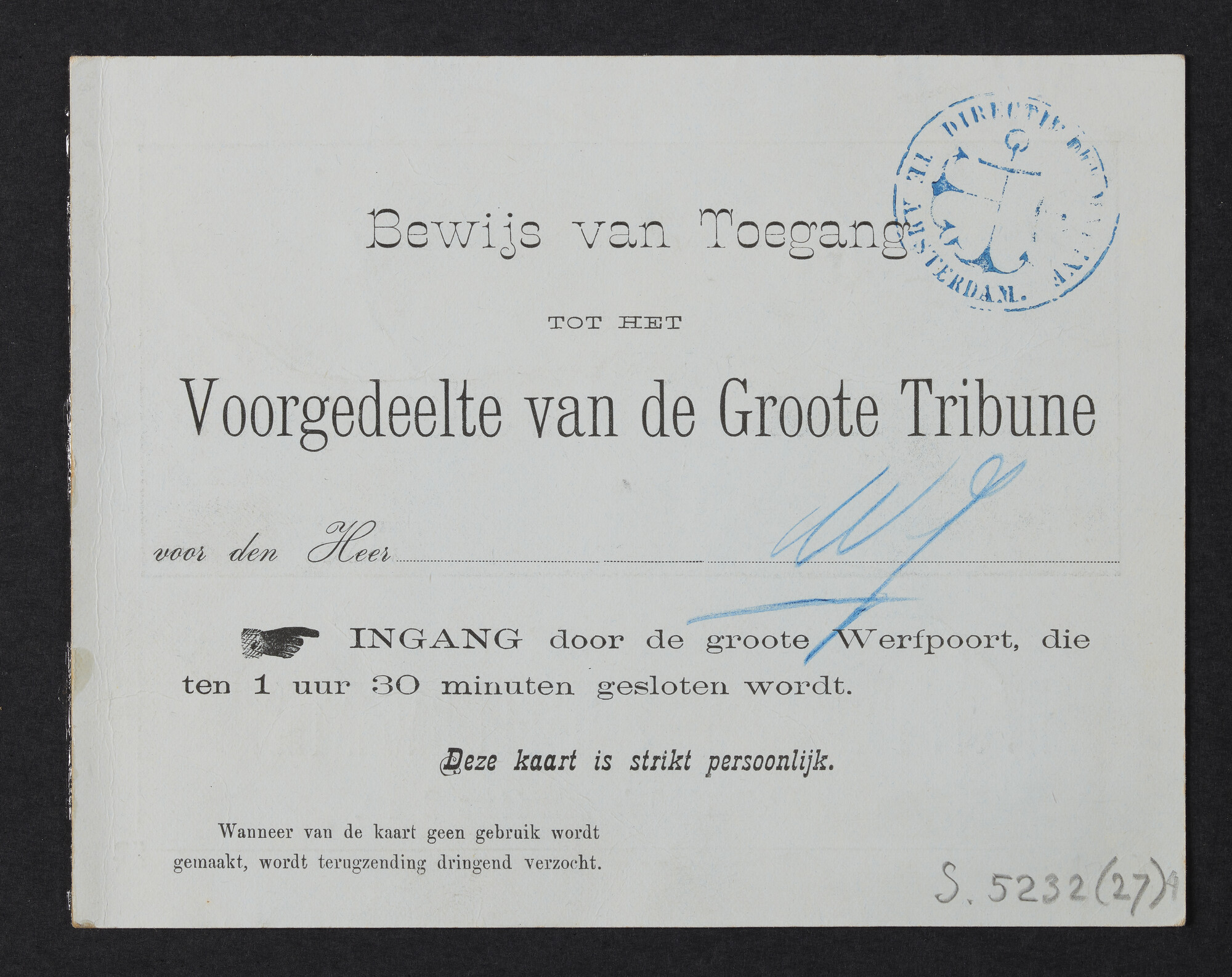 S.5232(27)4; Toegangsbewijs tot de tewaterlating van pantserschip Hr.Ms. Koningin Regentes; toegangsbewijs