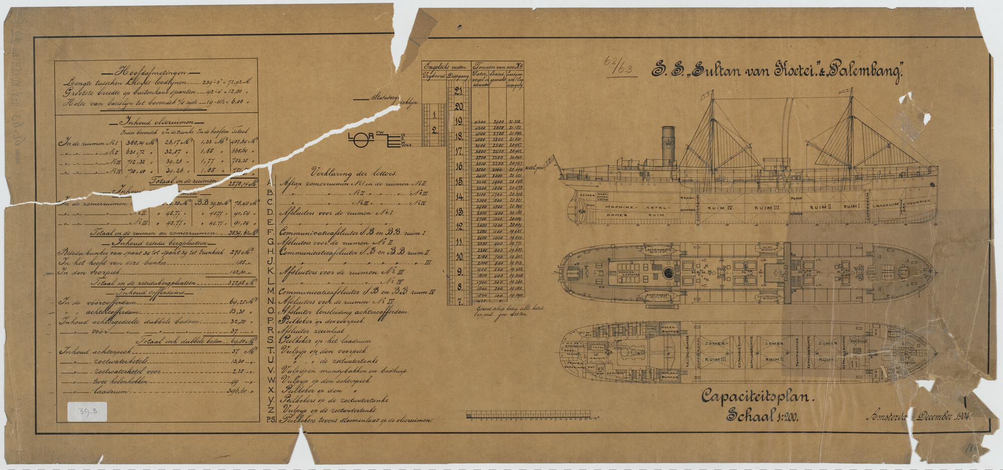 S.5444(039.03); Capaciteitsplan van de stoomtanker Sultan van Koetei en Palembang; technische tekening