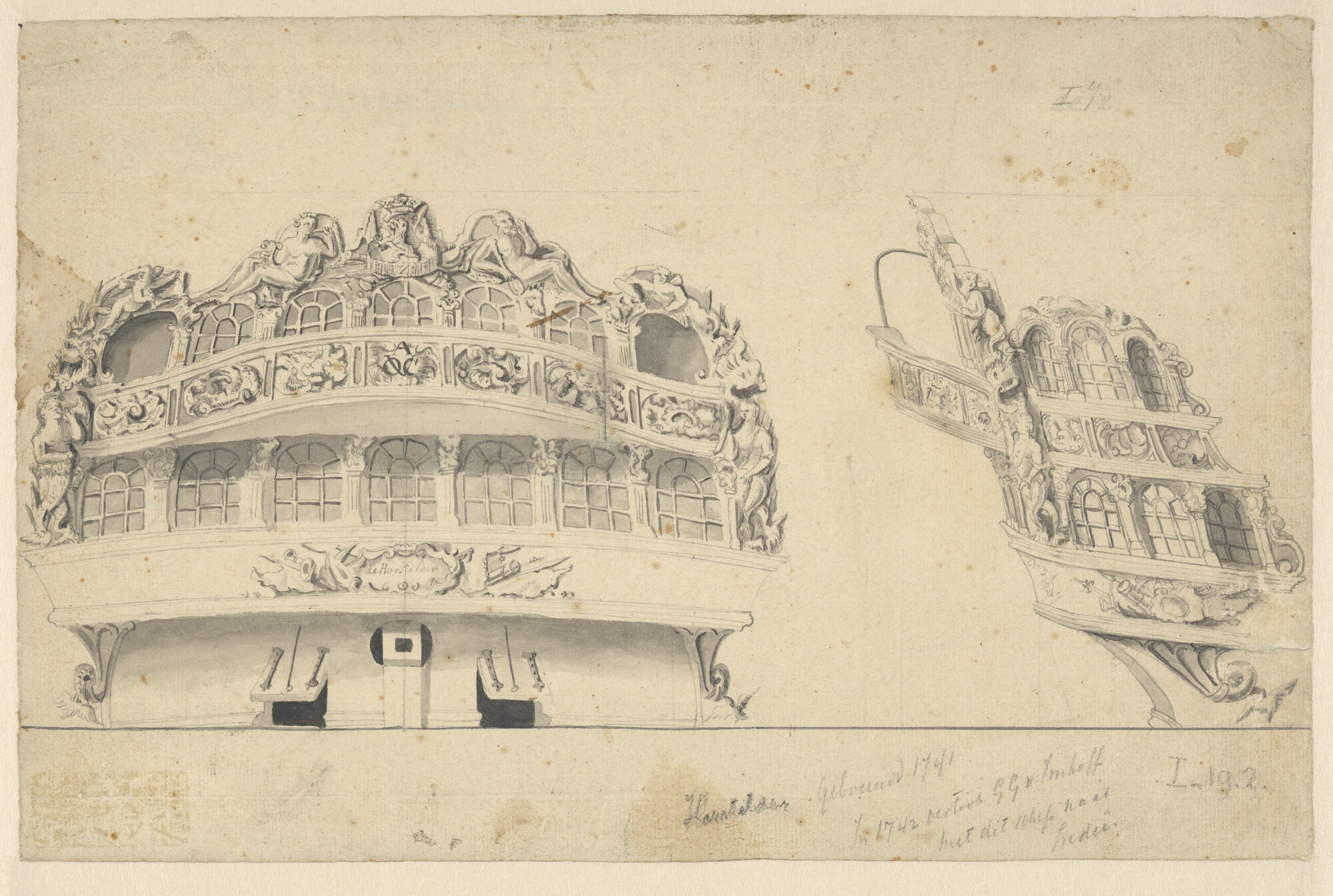 A.0149(0875); Spiegelversiering van het VOC-schip Harstelder; technische tekening