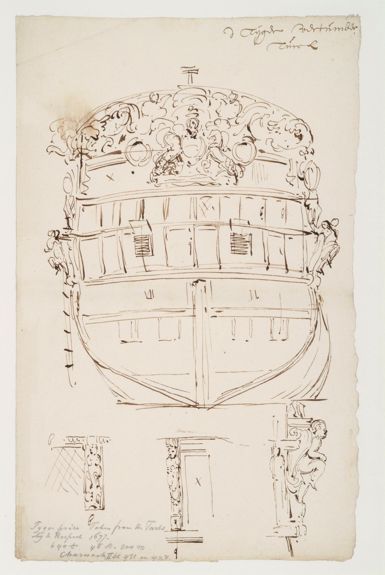 A.3593(17); De spiegel van het Engelse oorlogsschip Tiger; tekening