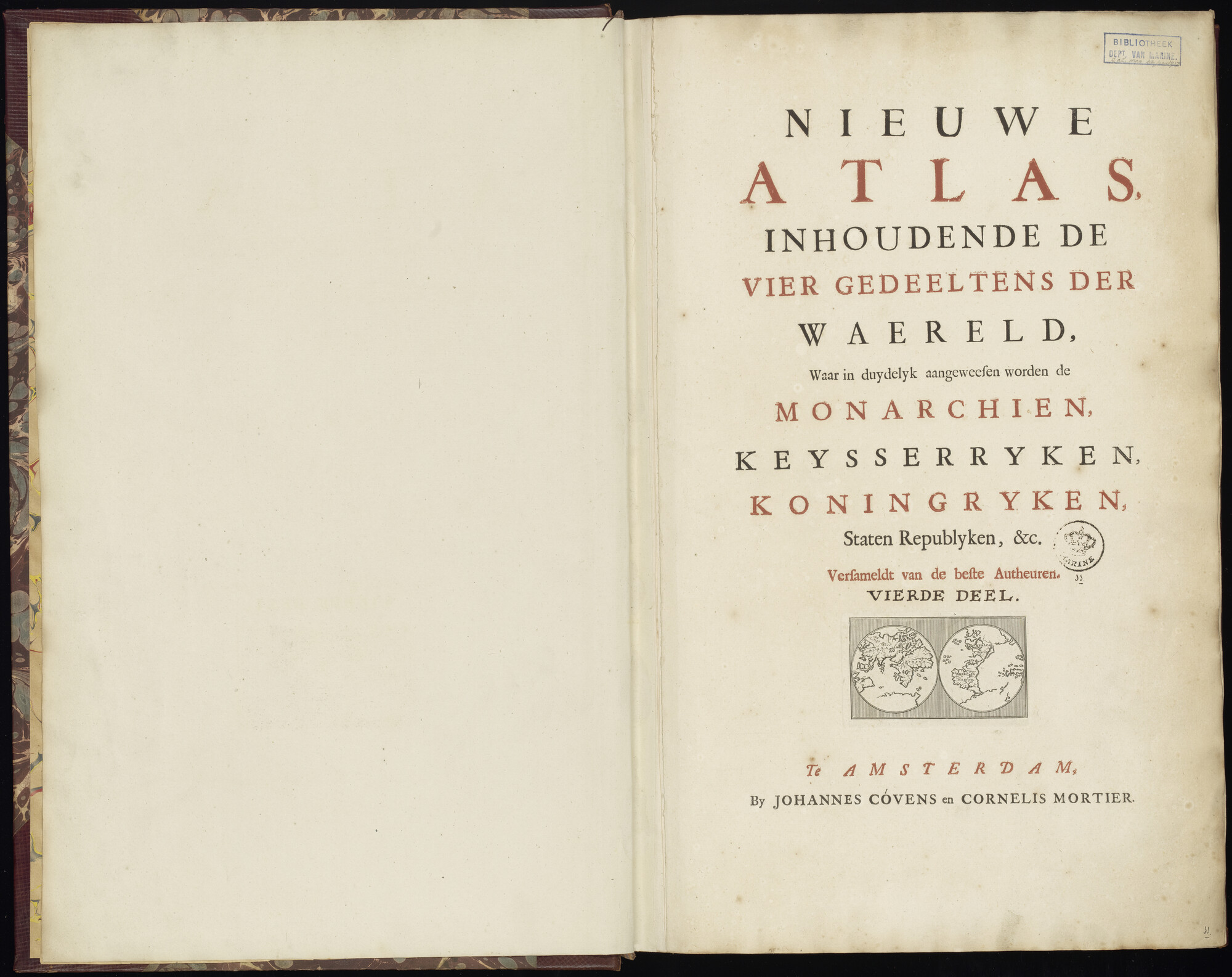 B.0032(032) [kaart 001]; Voorblad van de 'Atlas Nieuwe atlas 1754 - deel 4'; kaart