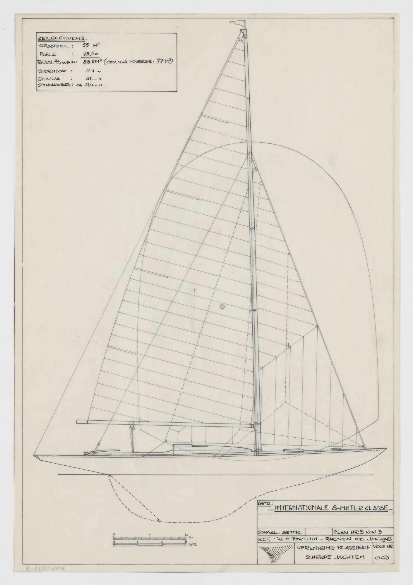 2023.0275-3; Technische tekening van een Internationale 8 meter klasse zeiljacht; technische tekening