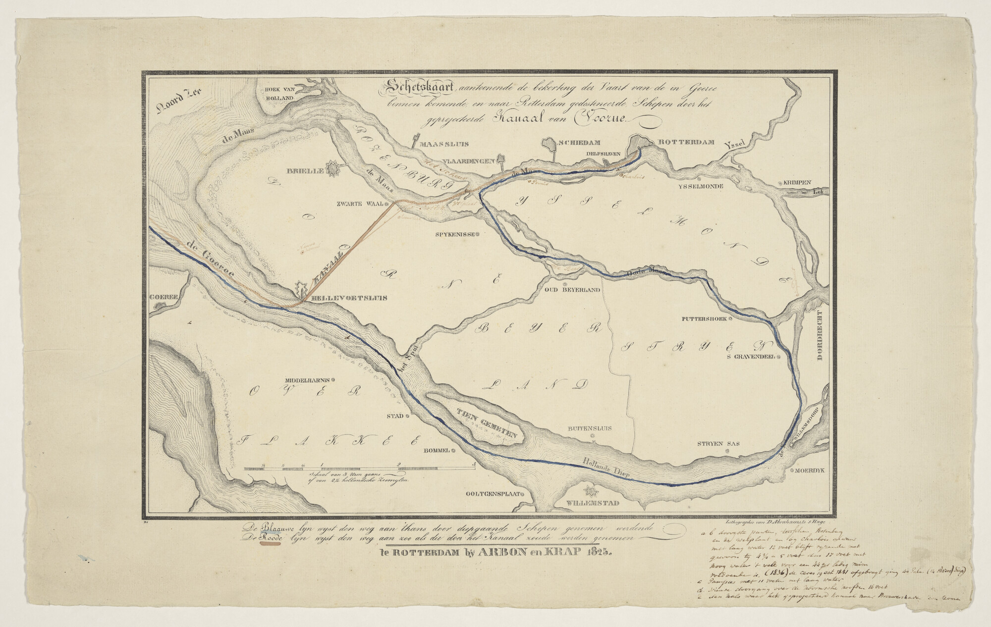 A.1367(05)73; Kaartje met ingetekend (gekleurd) het traject van het Voornse Kanaal; rivierkaart