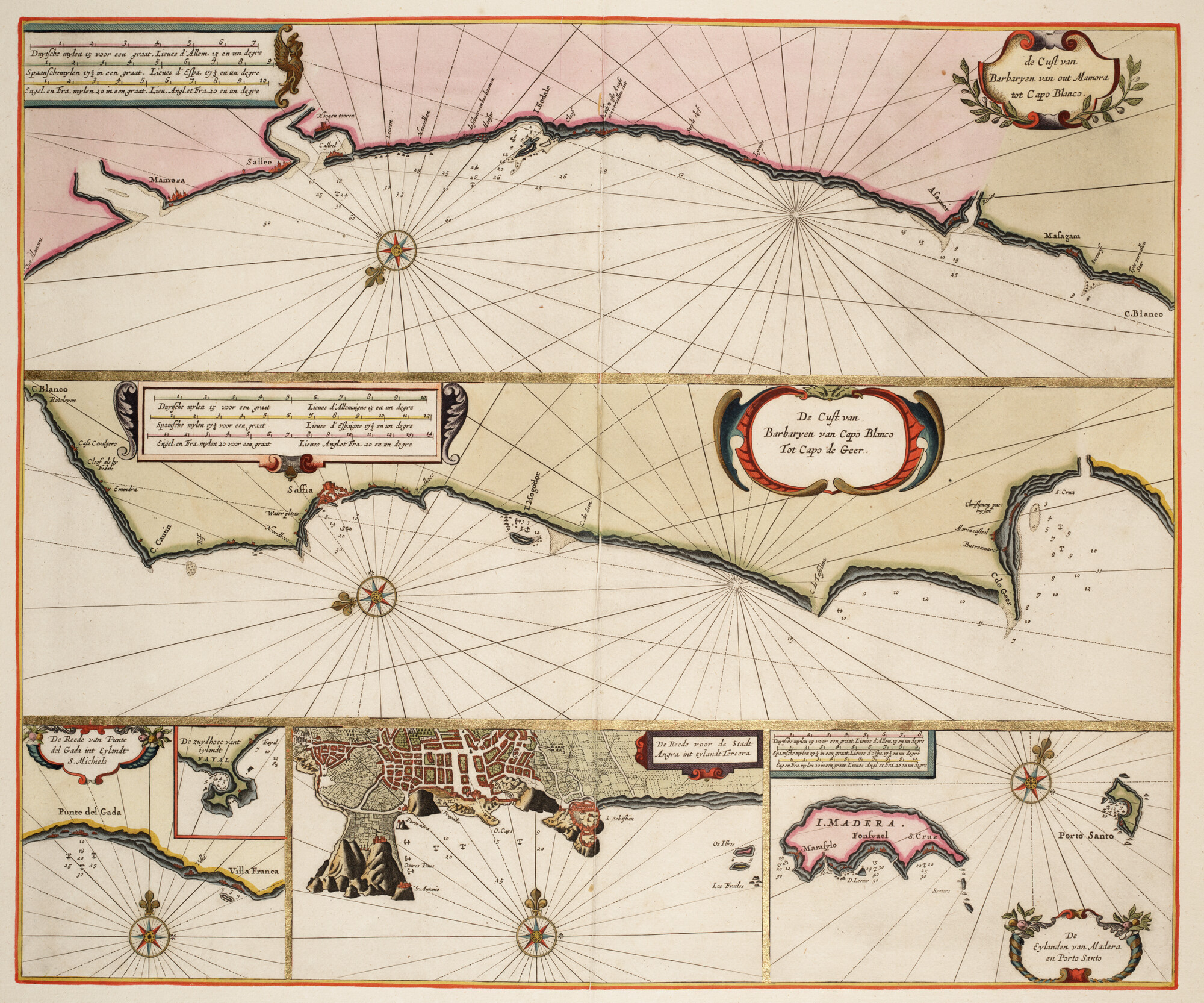 S.1034(17) [kaart 023]; Boven: twee zeekaarten van de Atlantische kust van Marokko. Onder: drie kaarten: kaart van de rede van Ponta Delgada op eiland Sao Miguel (Azoren); zeekaart