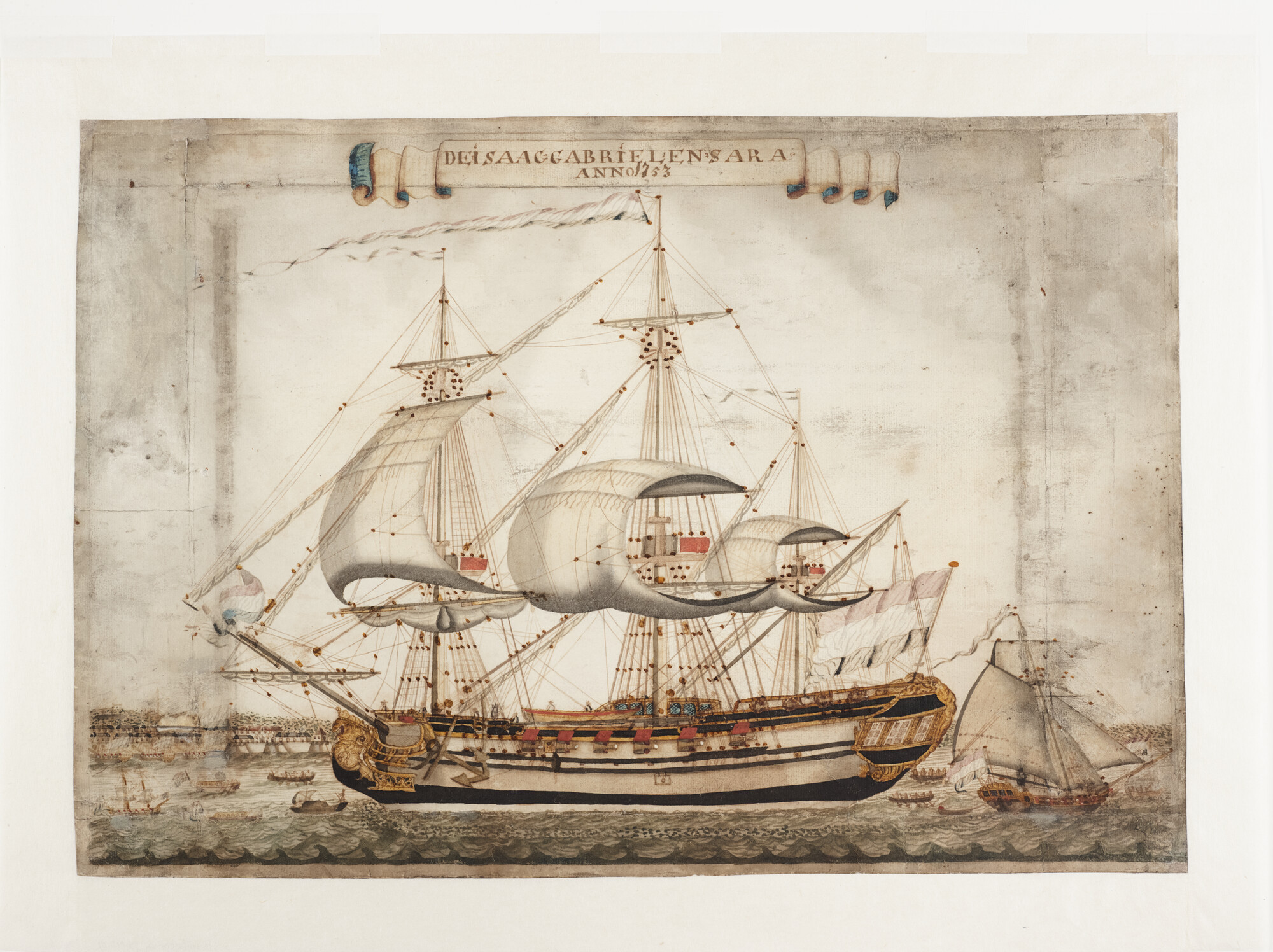 A.0657; Het koopvaardijschip 'Isaac Gabriel en Sara' op de rede van Paramaribo, 1753; tekening