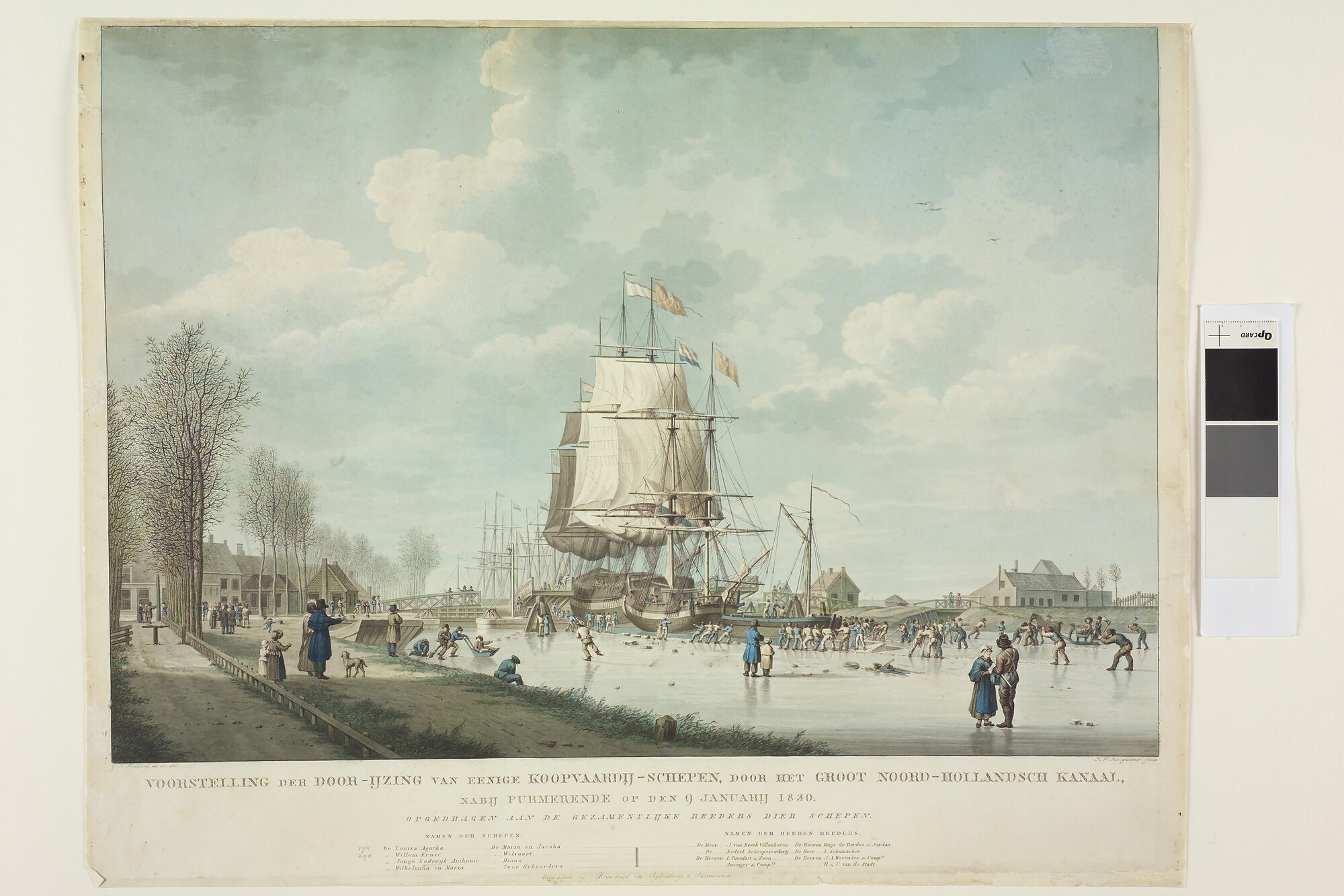 A.3580; Het door-ijzing van enige schepen door het Groot- Noord-Hollands Kanaal, 1830; prent