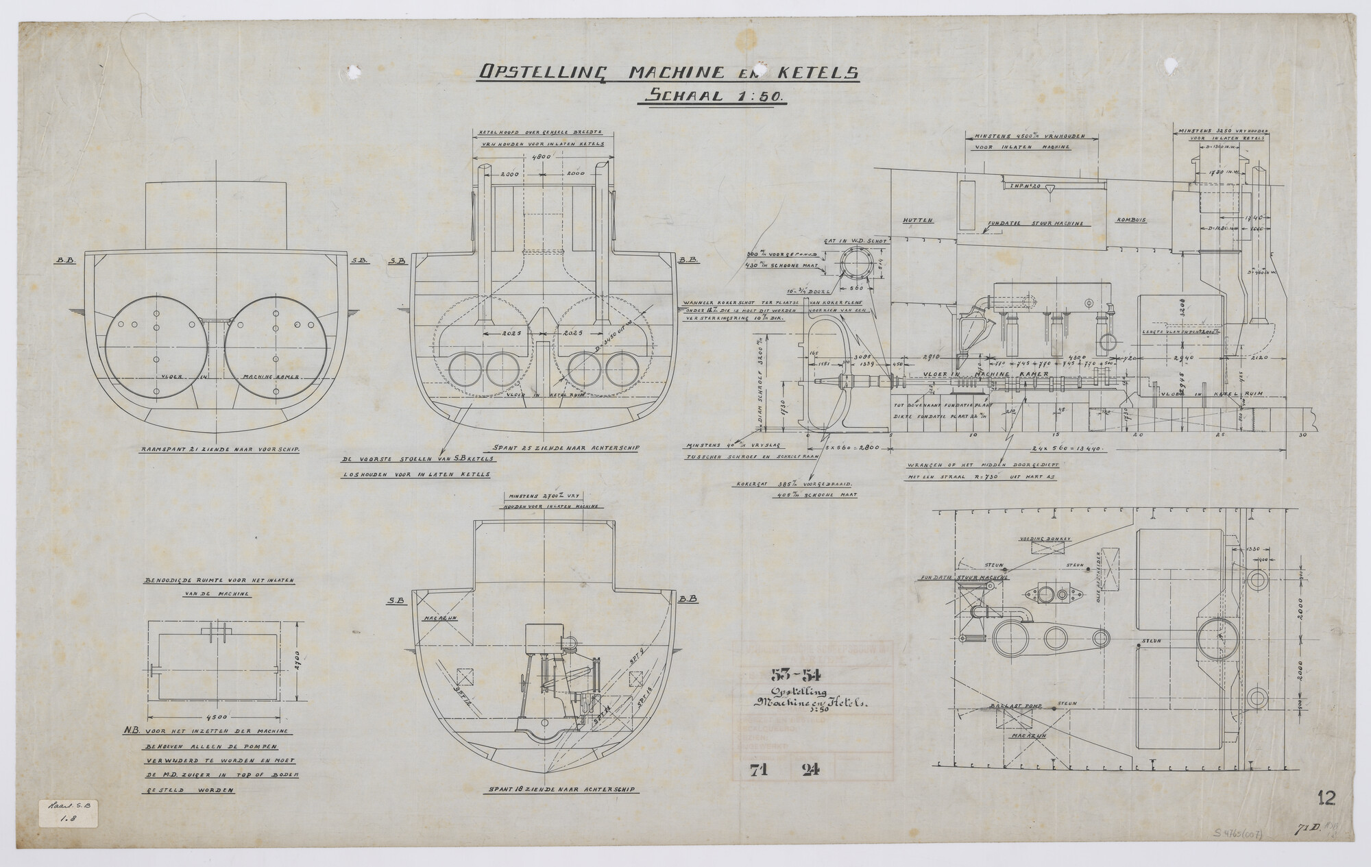 S.4765(007); Opstelling machine en ketels van de vrachtschepen ss. Energie [...]; technische tekening