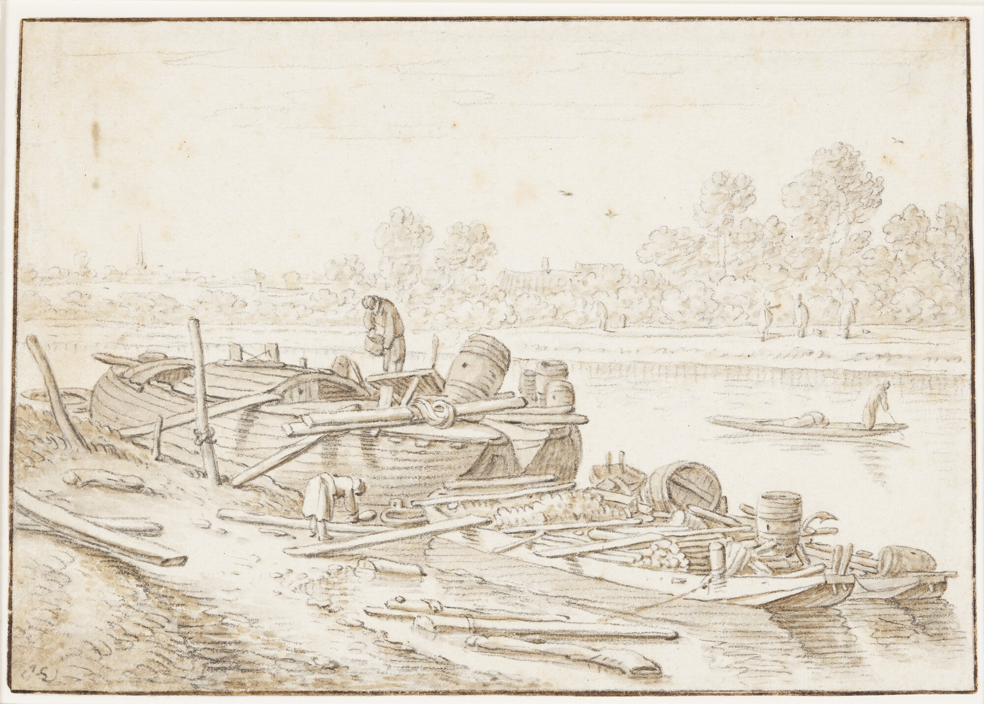 A.2988(01)a; Samoreus en twee aken afgemeerd aan de oever van een rivier; tekening