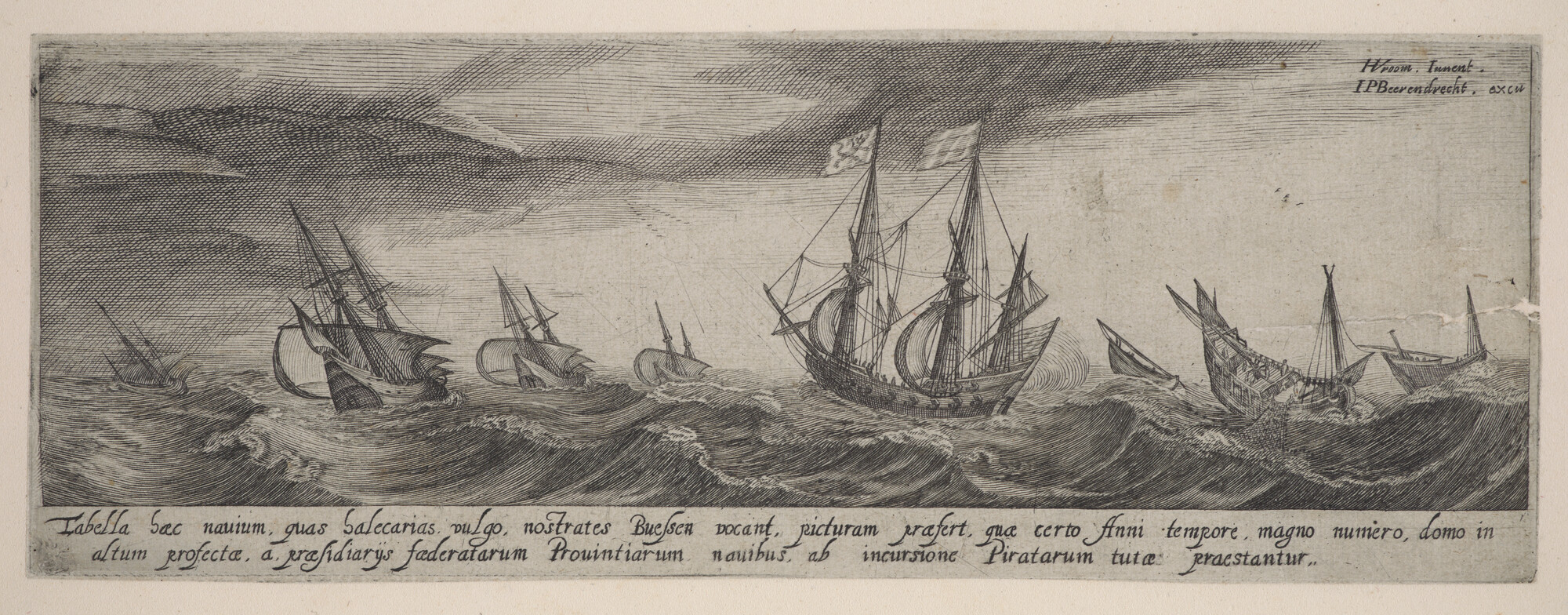 A.5653(01); Haringbuizen aan de vleet, onder bescherming van oorlogsschepen; prent