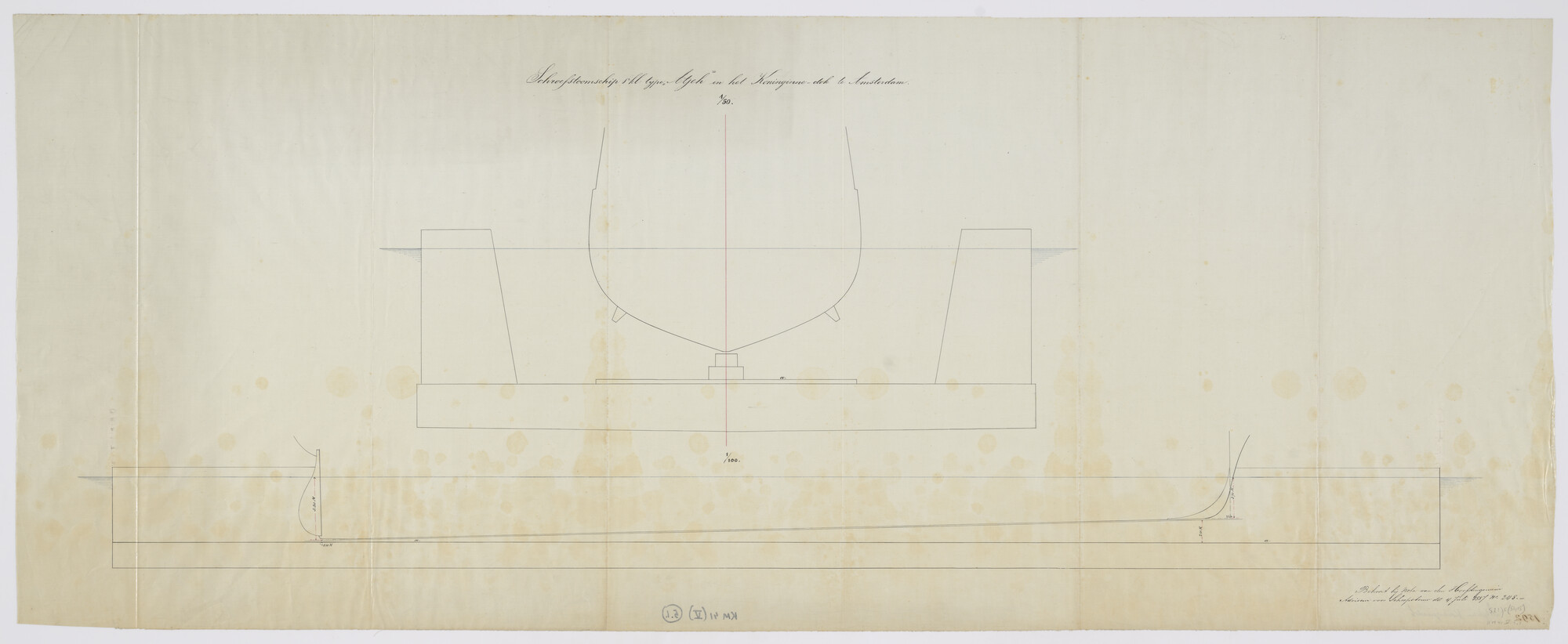 S.2175(5415); Doorsneden van het Koninginnedok van de ADM te Amsterdam met een schroefstoomschip type Zr.Ms. 'Atjeh'; technische tekening