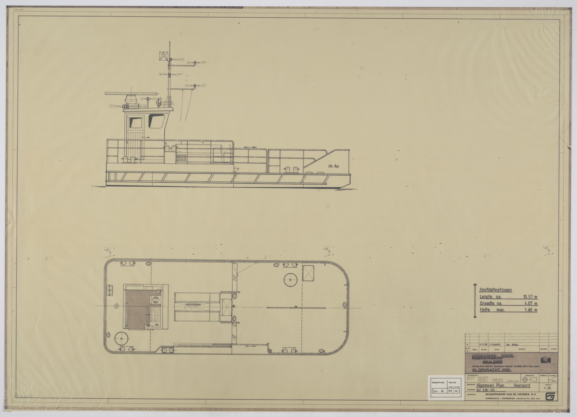 2013.0573; Algemeen plan van de veerpont De AA van 10.57 meter; technische tekening