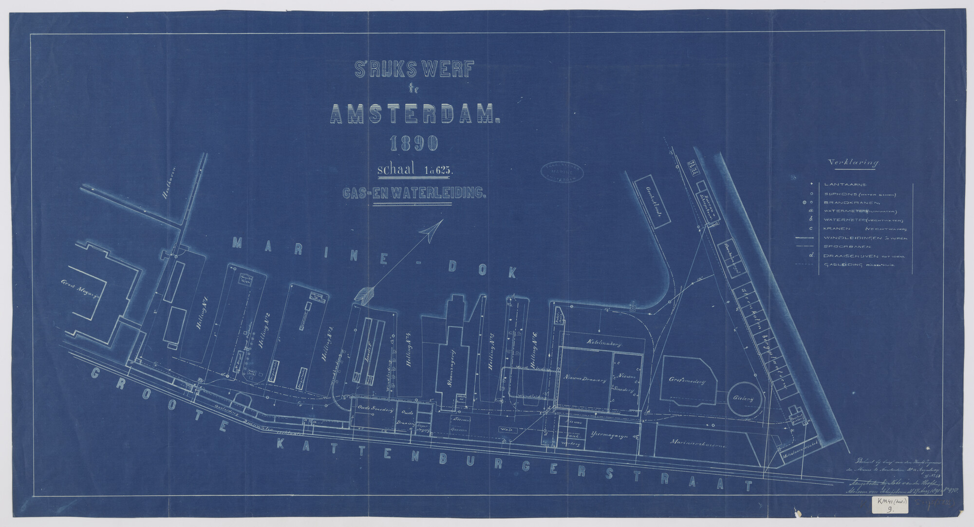 S.2175(5235); Plattegrond van een gedeelte van de Rijkswerf te Amsterdam (1891) met aanduiding der gas- en waterleiding; technische tekening