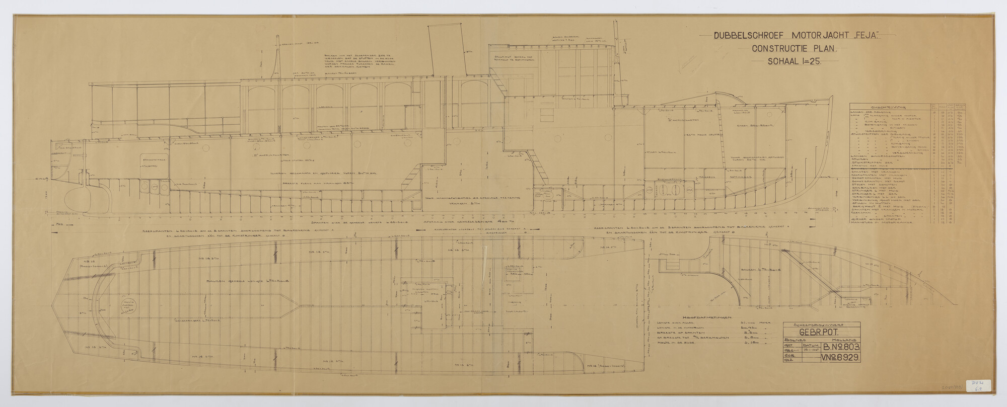 S.5184(839); Constructietekening van het motorjacht 'Feja'; technische tekening