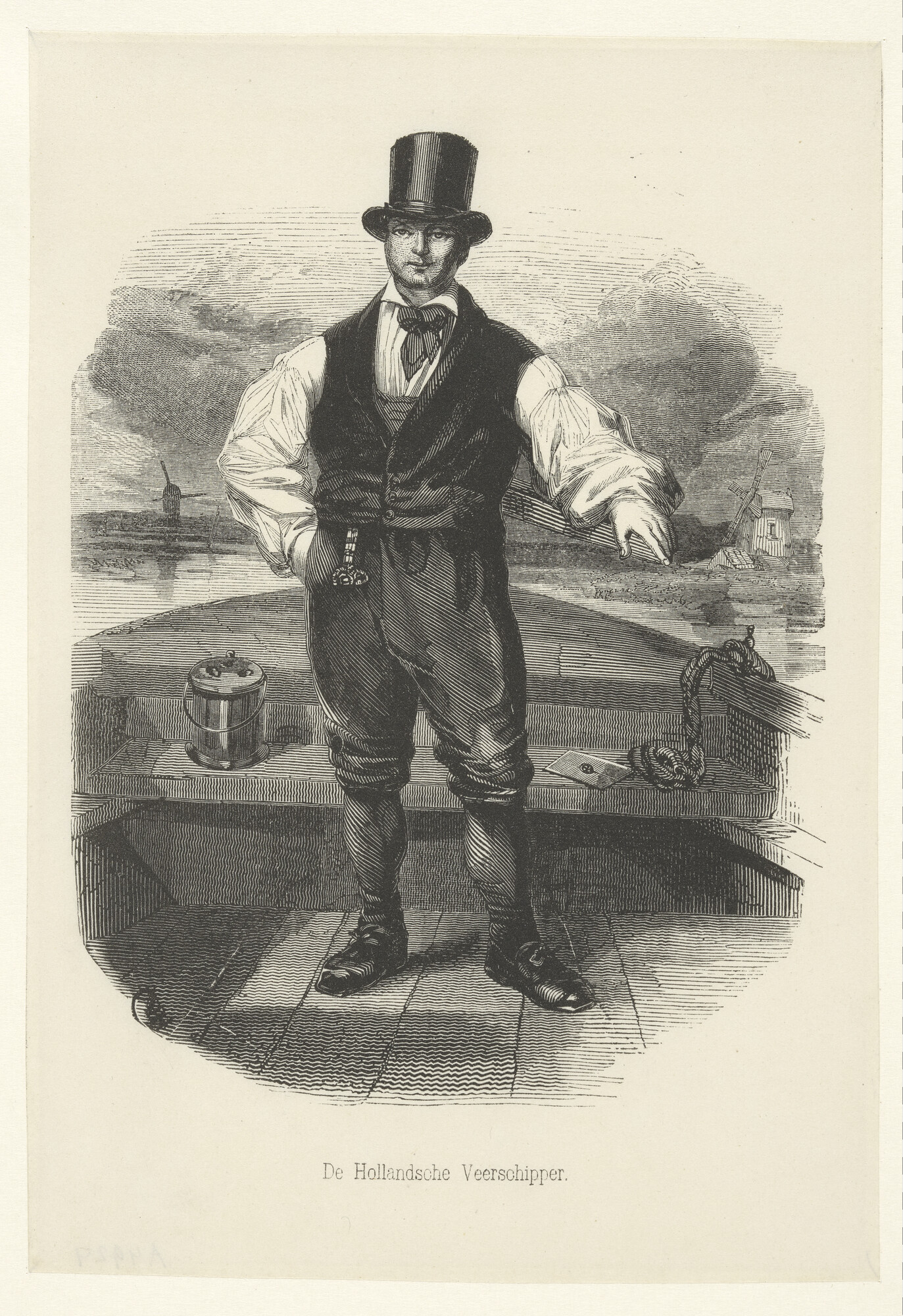 A.4943; 'Een Hollandsche veerschipper'. Een schipper aan het roer van een binnenschip; prent