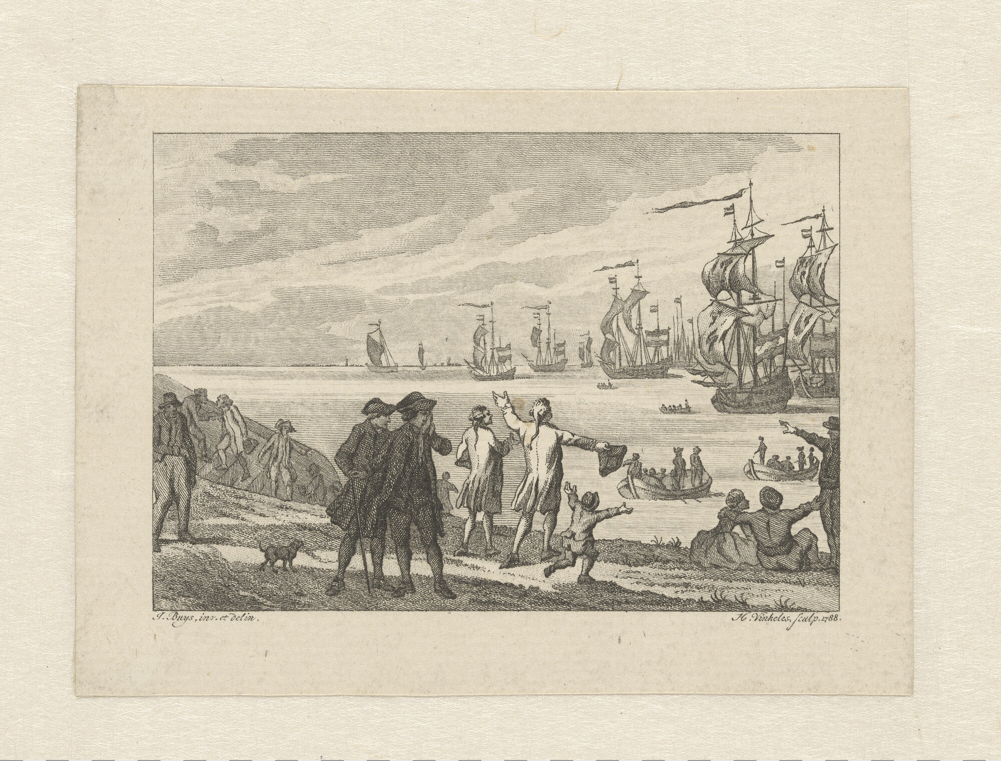 1991.0073; Mensen kijken op het strand naar de terugkeer van de vloot onder Luitenant-Admiraal J.A. Zoutman na de Zeeslag bij de Doggersbank; prent