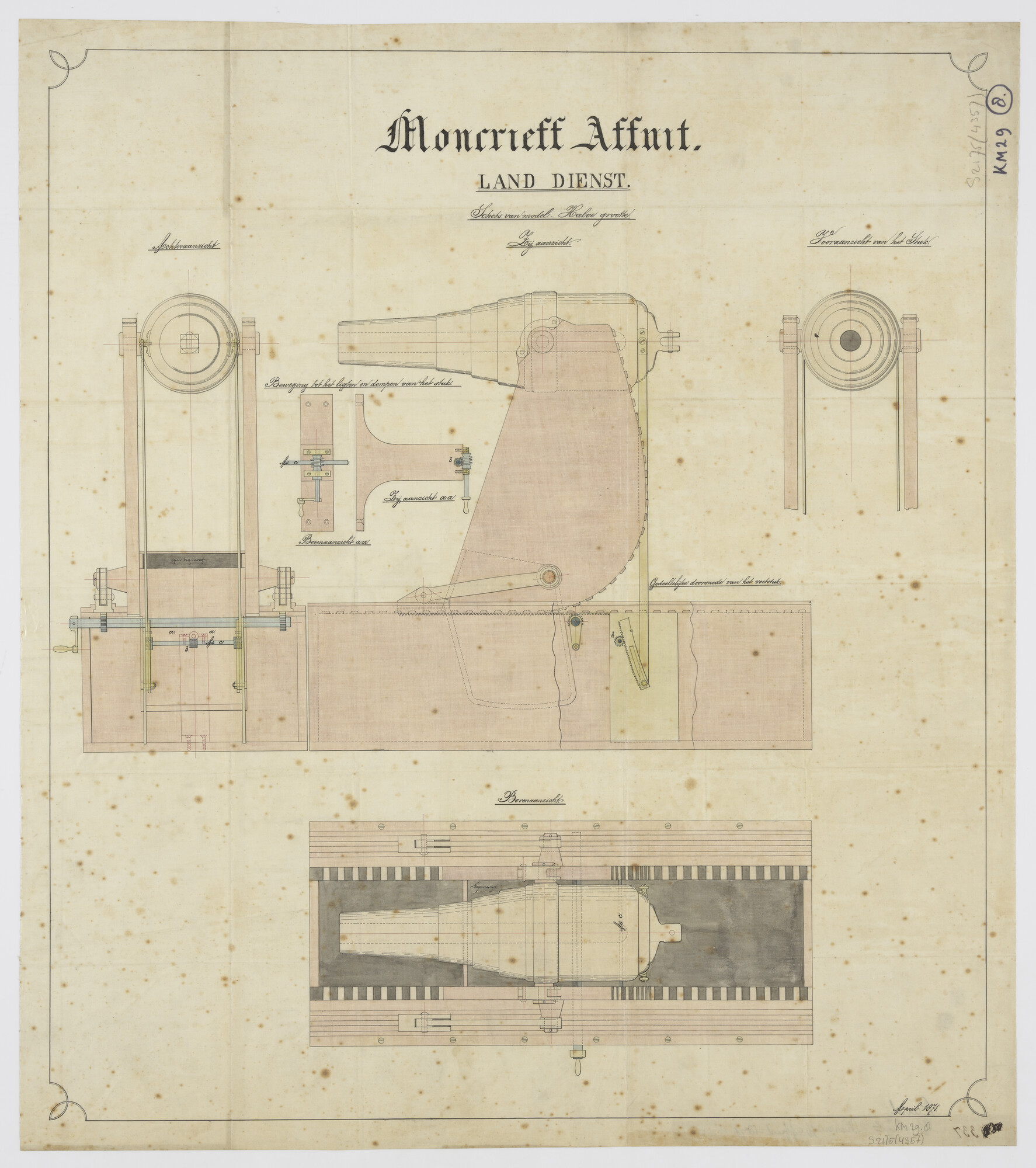 S.2175(4357); Aanzichten van het Moncrieff affuit voor de landdienst; technische tekening