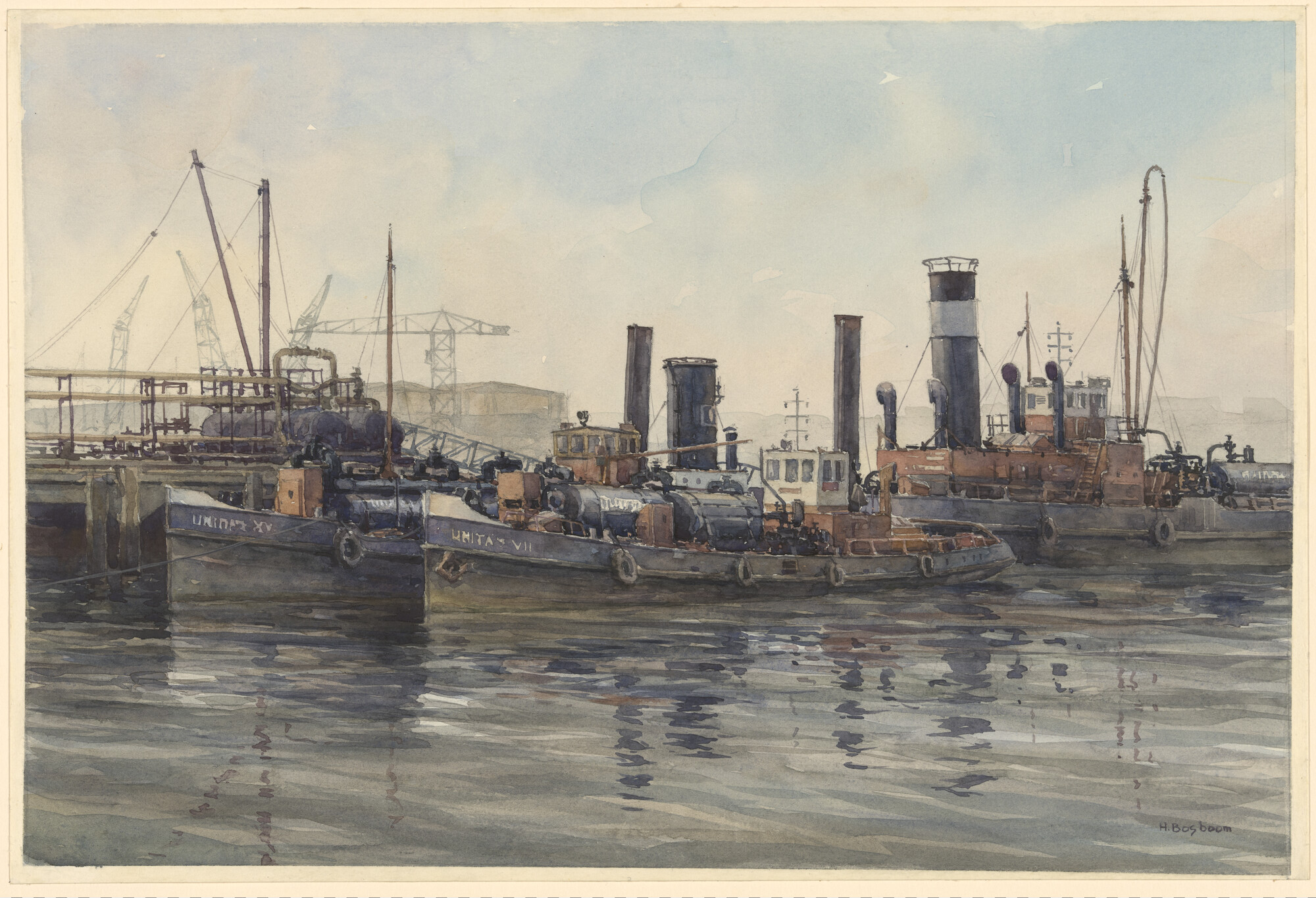 A.5330; Schepen van Tanker Cleaning firma Unitas in de Wilhelminahaven te Schiedam; tekening