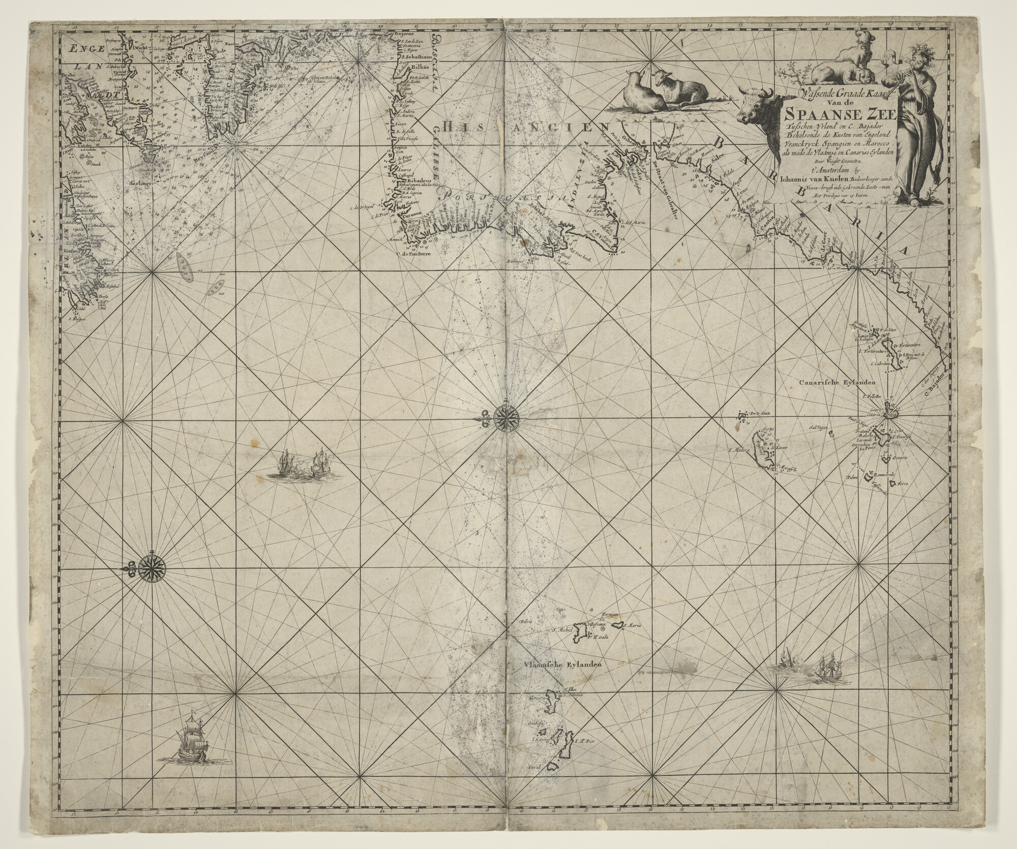 A.0248(15)b; Paskaart van de Atlantische Oceaan, tussen Ierland en Kaap Bajador, door Claas Jansz. Vooght; zeekaart