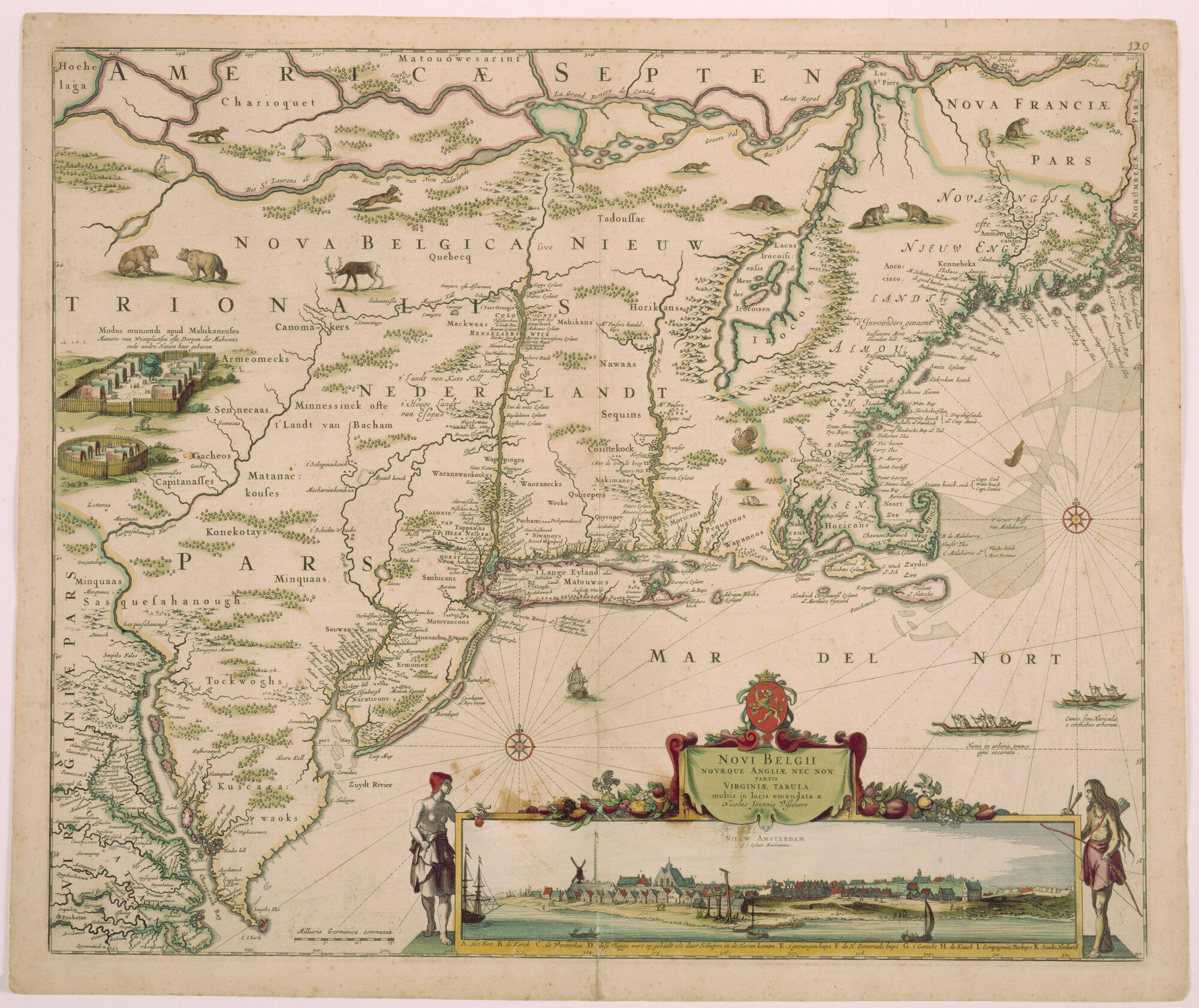 A.0145(064)5; Met de hand gekleurde kaart van Nieuw Nederland, Nieuw Engeland en een deel van Virginia; landkaart