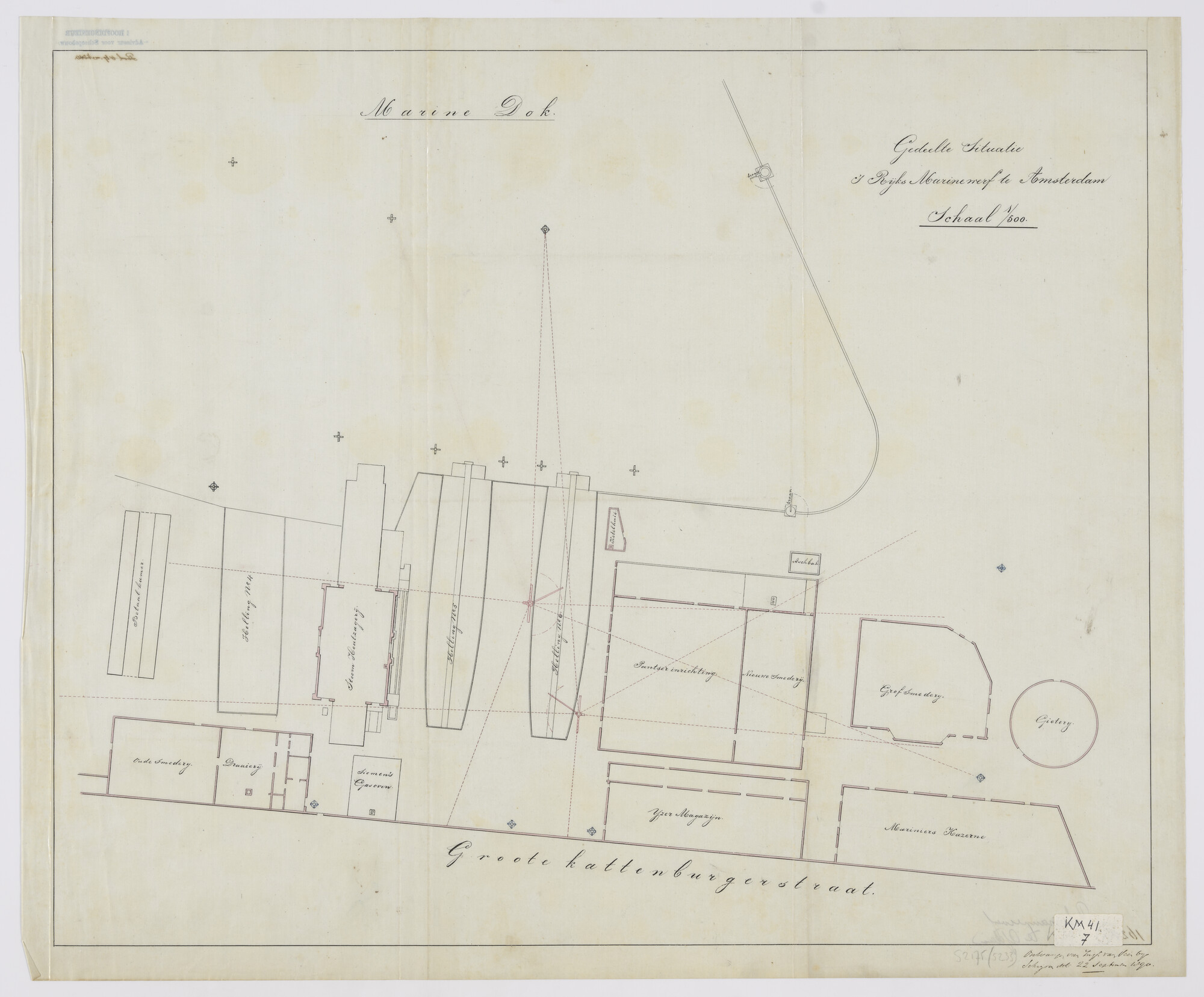 S.2175(5233); Plattegrond van een gedeelte van de Rijkswerf te Amsterdam (1890); technische tekening