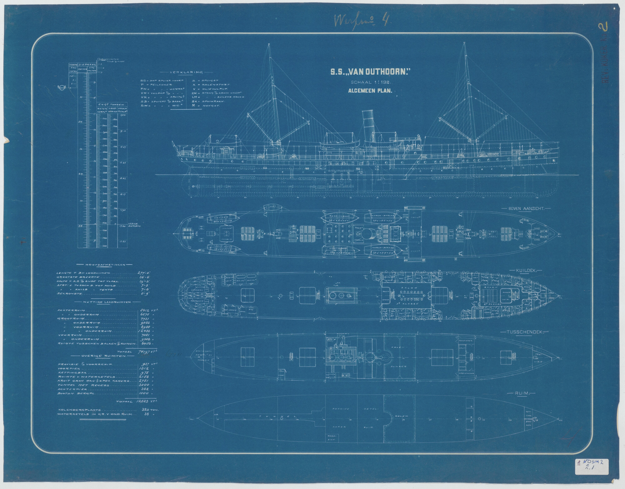 S.5444(002.01); Algemeen plan van het vracht- en passagiersschip Van Outshoorn van de [...]; technische tekening