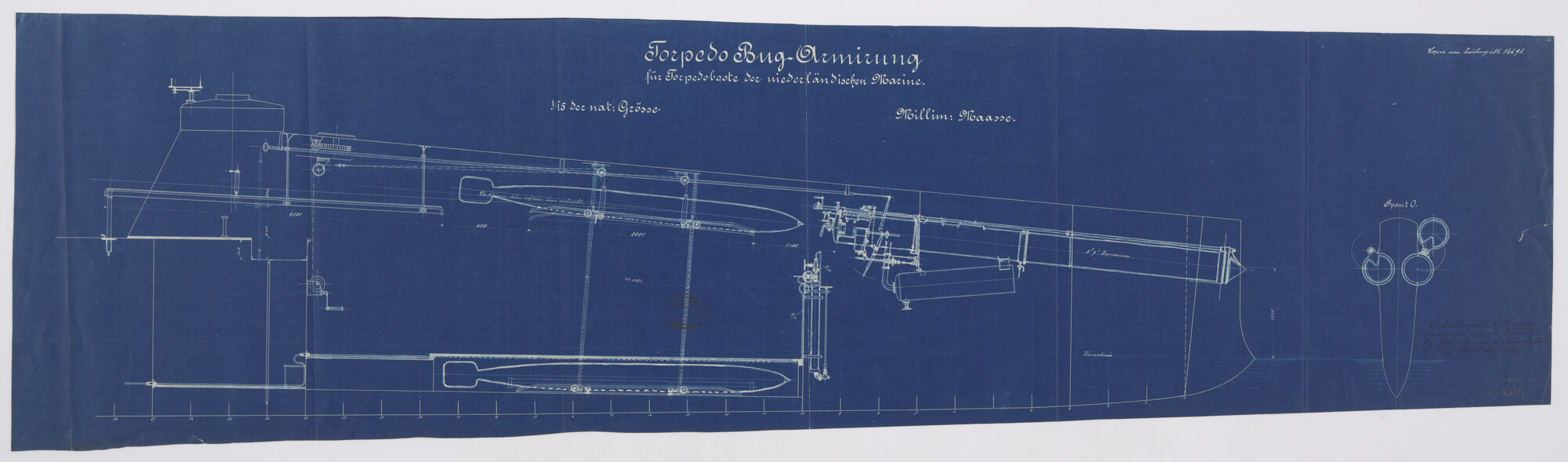 S.2175(4866); Langs- en dwarsdoorsnede van een dubbele boeglanceerinrichting aan boord van een torpedoboot; technische tekening