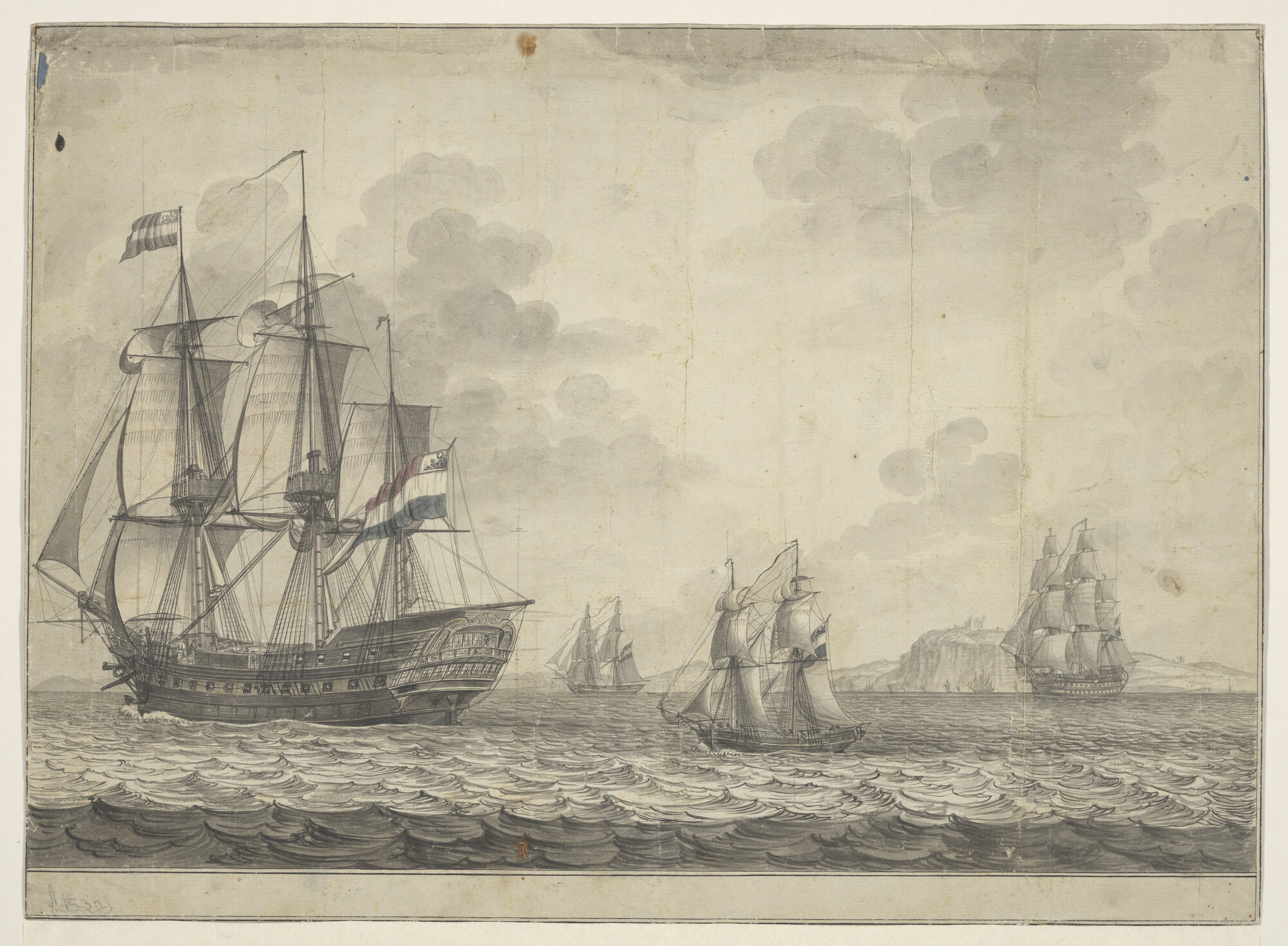A.0153(02); Een Bataafs eskader, bestaande uit twee fregatten, een brik en een schoener,; tekening