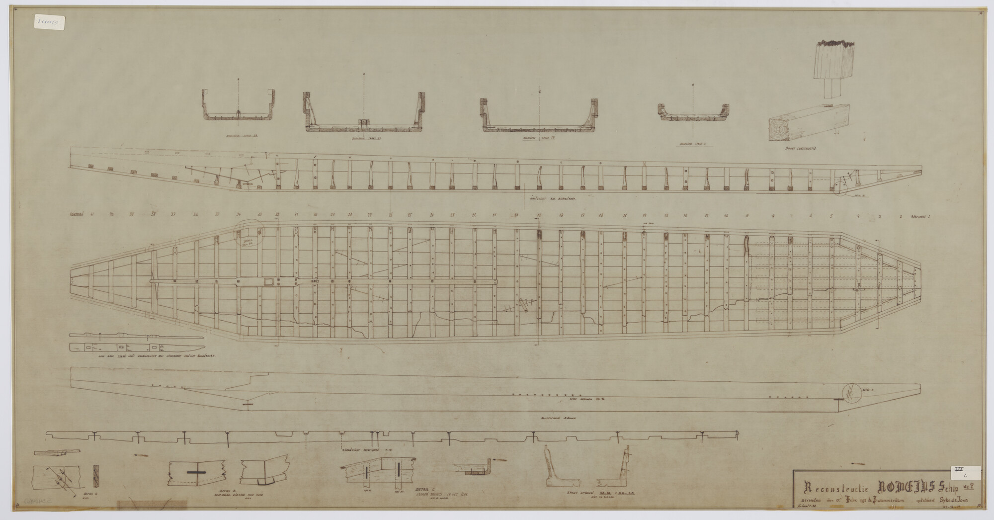 S.5404(01); Romeins schip nummer 2, gevonden op 22 februari 1972 te Zwammerdam; technische tekening